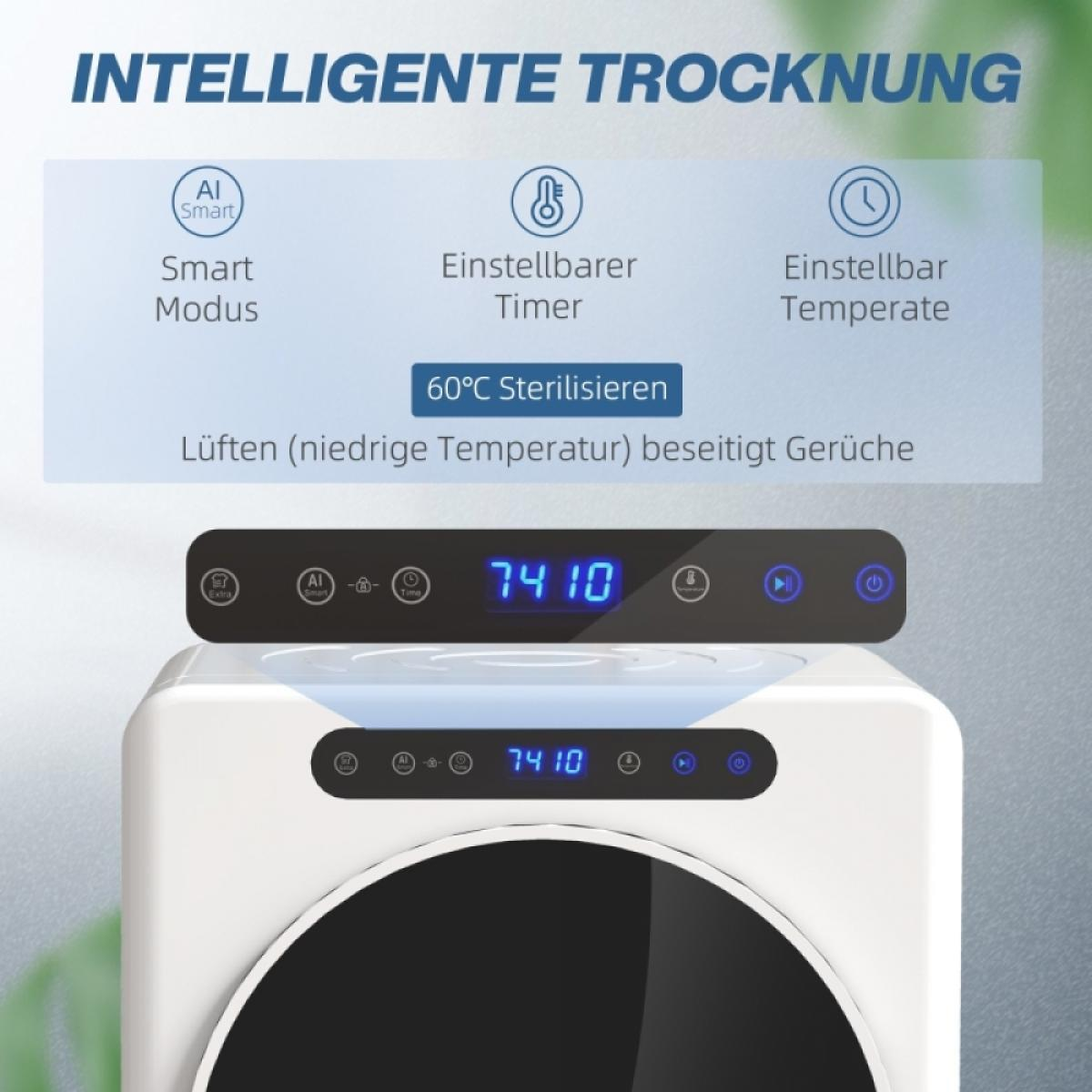Ein weißer Trockner mit Digitalanzeigen, die 7410 anzeigen. Text enthält 'Intelligentes Trocknen' und Funktionen wie Smart-Modus.