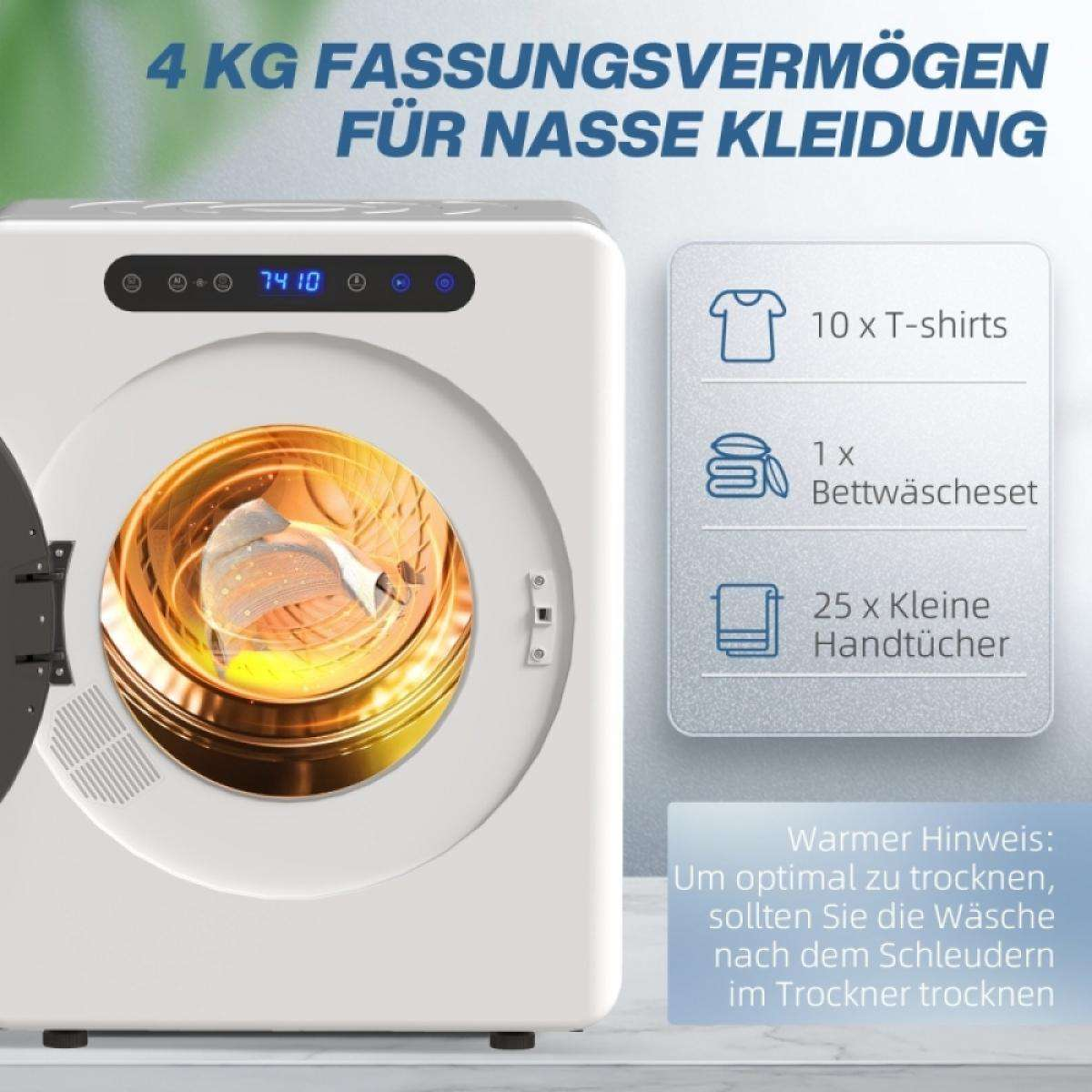 Ein weißer Trockner mit offener Tür. Text zeigt 4 kg Kapazität für nasse Kleidung. Auflistung von Kleidung: T-Shirts, Bettwäsche und kleine Handtücher.