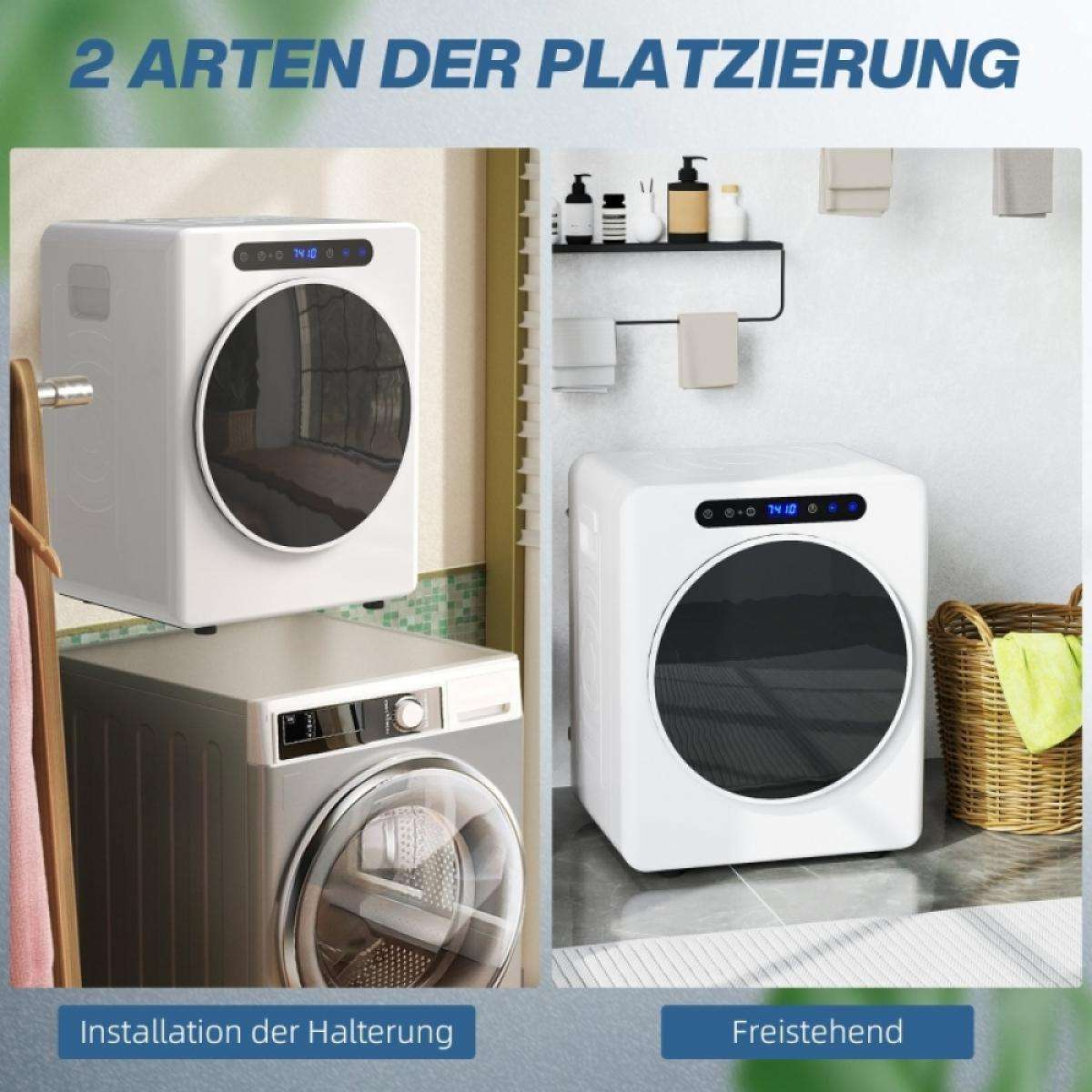 Zwei weiße Trockner, einer an der Wand montiert und einer freistehend, neben einer Waschmaschine und einem Wäschekorb.