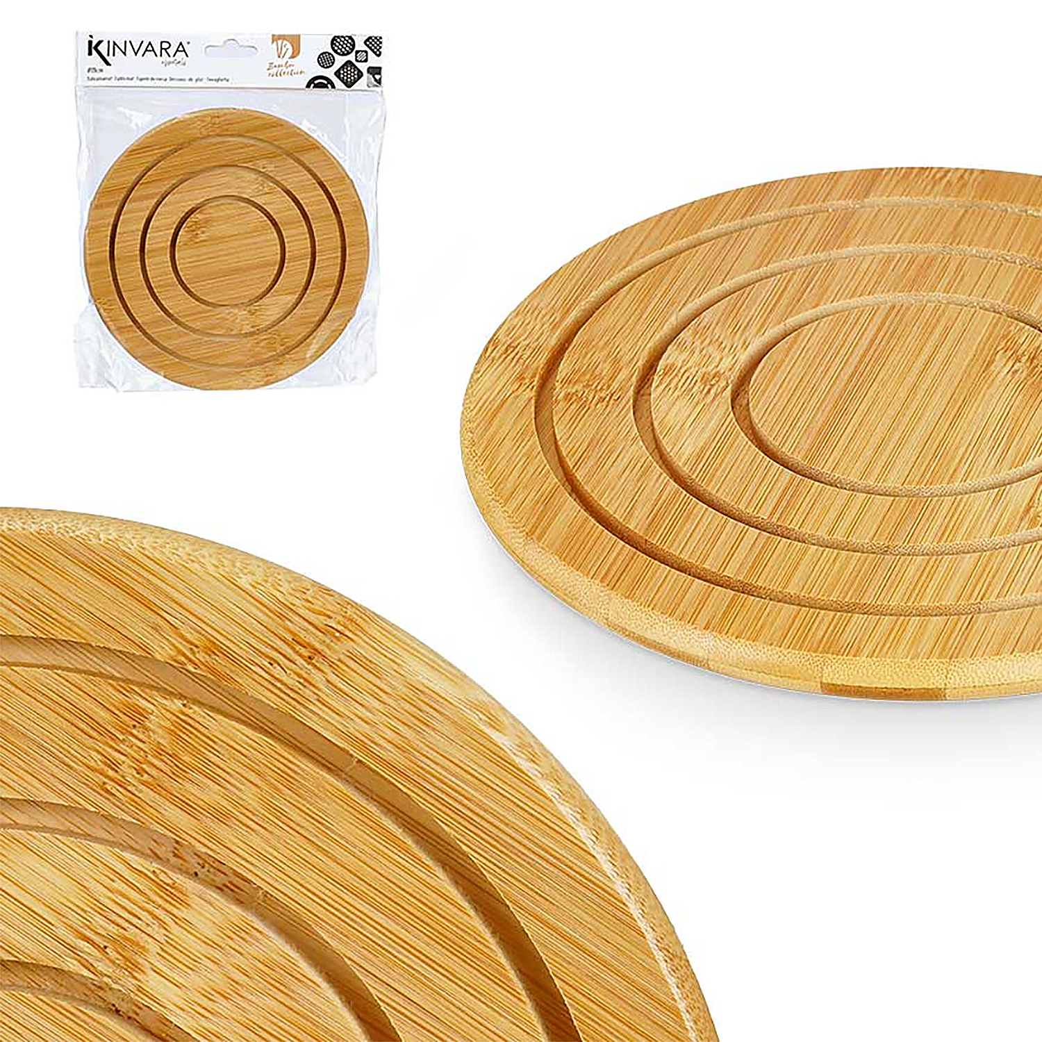 Sottopentola in legno con cerchi concentrici. Uno è confezionato. Il sottopentola ha venature naturali ed è in bambù.