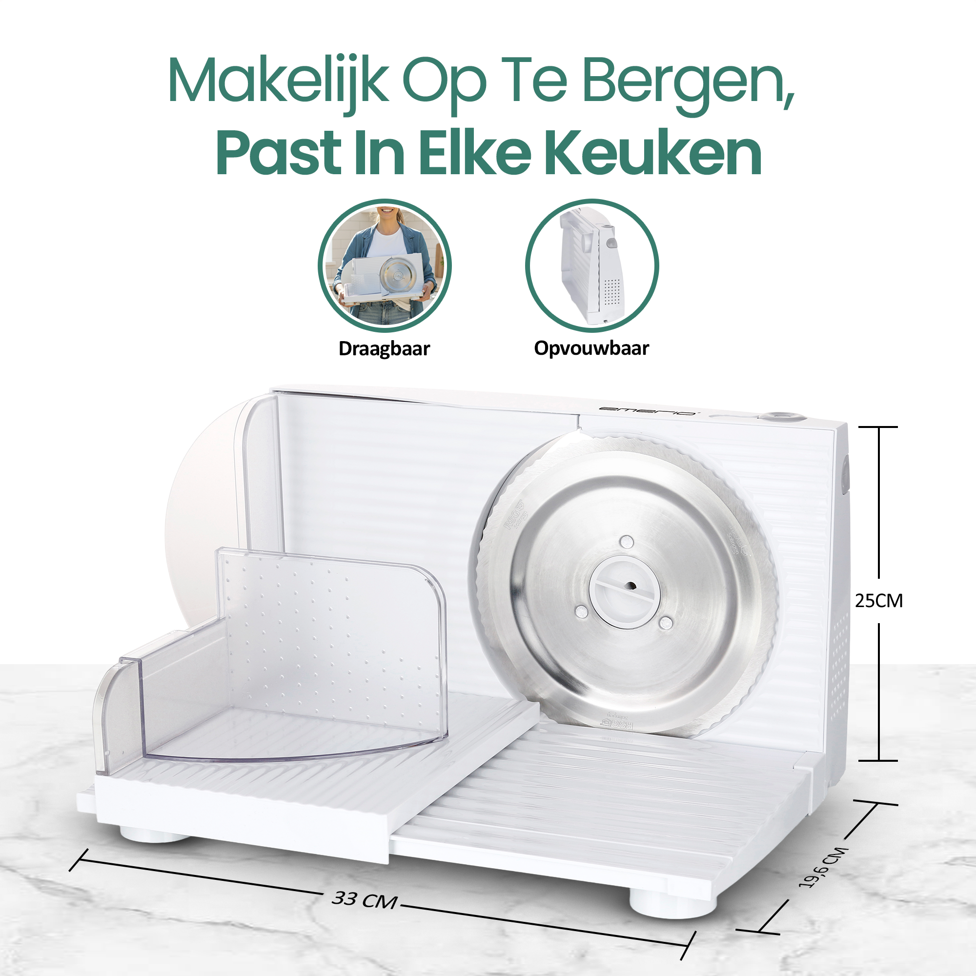 Een witte vleessnijder met een groot mes staat op een marmeren oppervlak. Labels en afmetingen zijn inbegrepen.