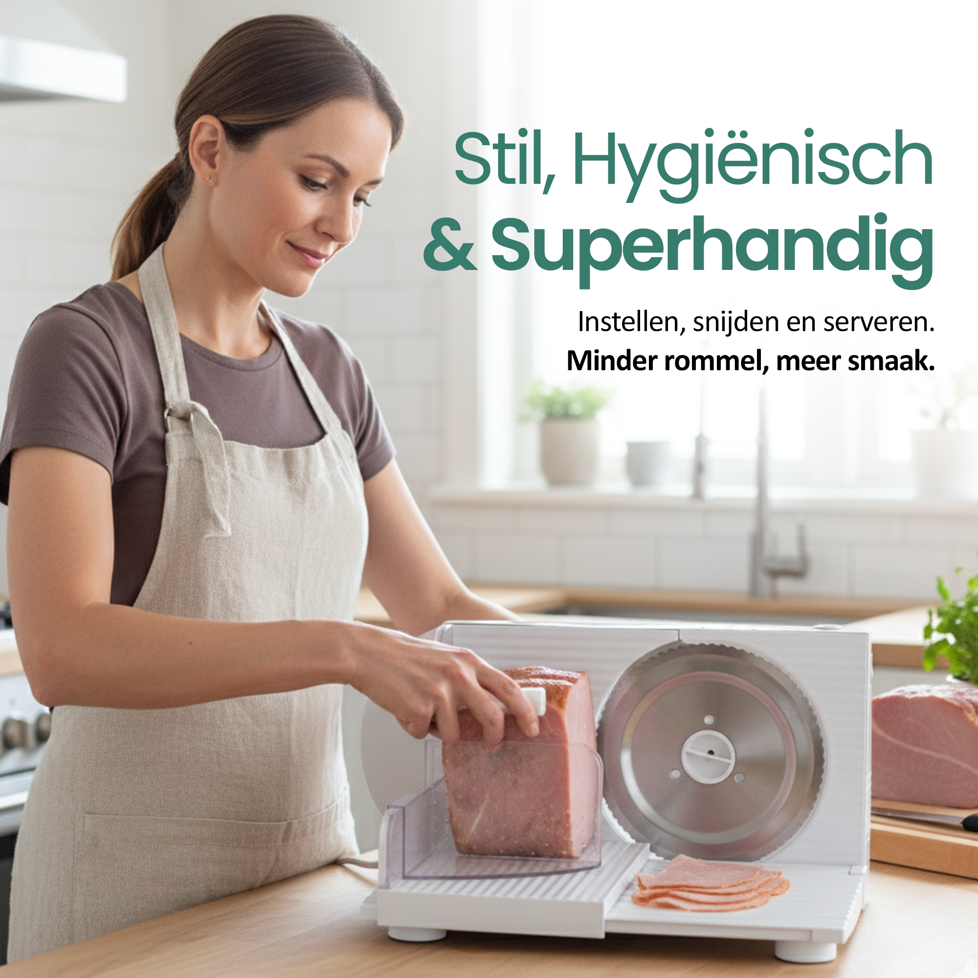 Een vrouw snijdt ham met een witte snijmachine. Ham ligt op de snijmachine en op een houten plank.