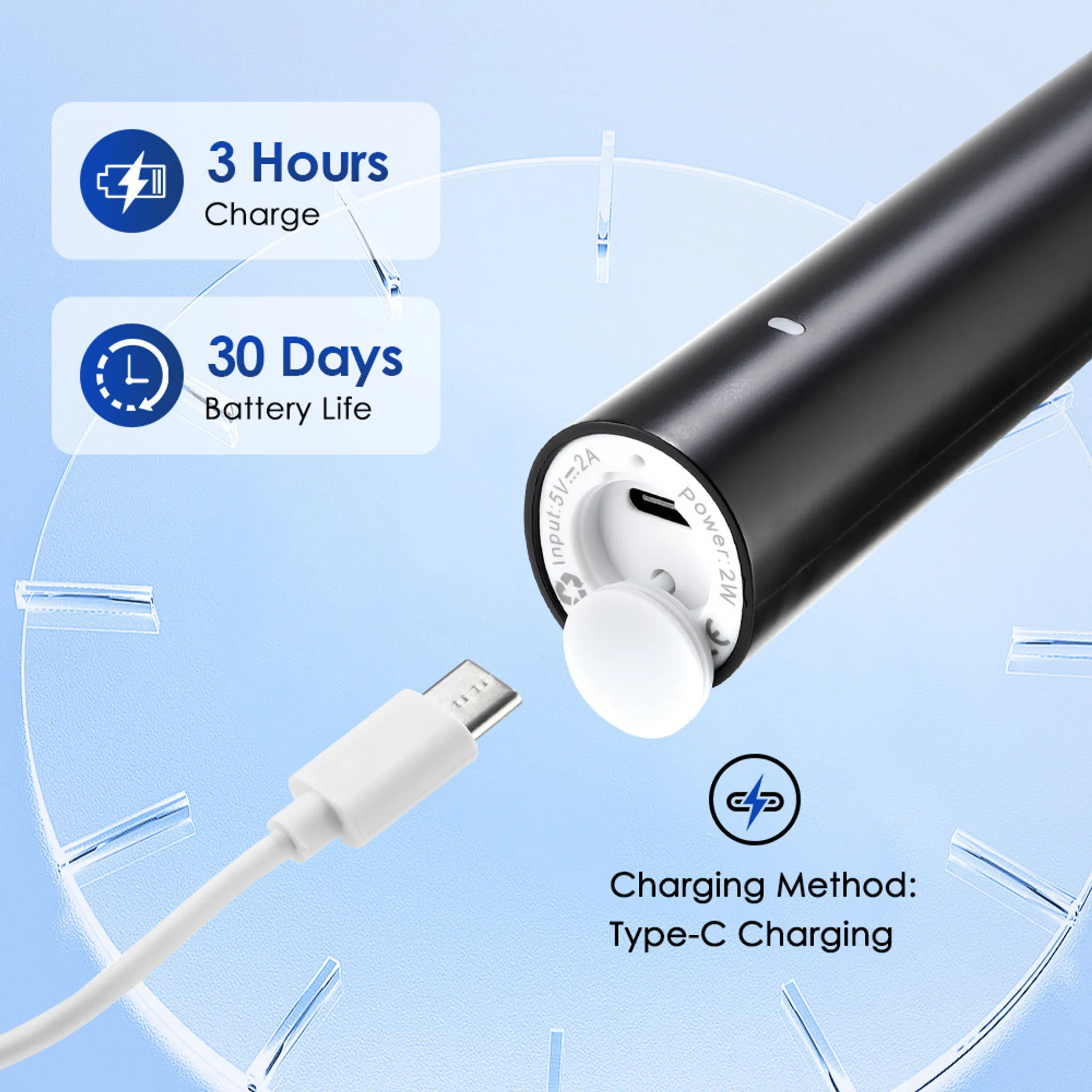 Ein schwarzes Gerät mit einem weißen USB-C-Kabel. Text zeigt 3 Stunden Ladezeit, 30 Tage Akkulaufzeit und Typ-C-Laden.