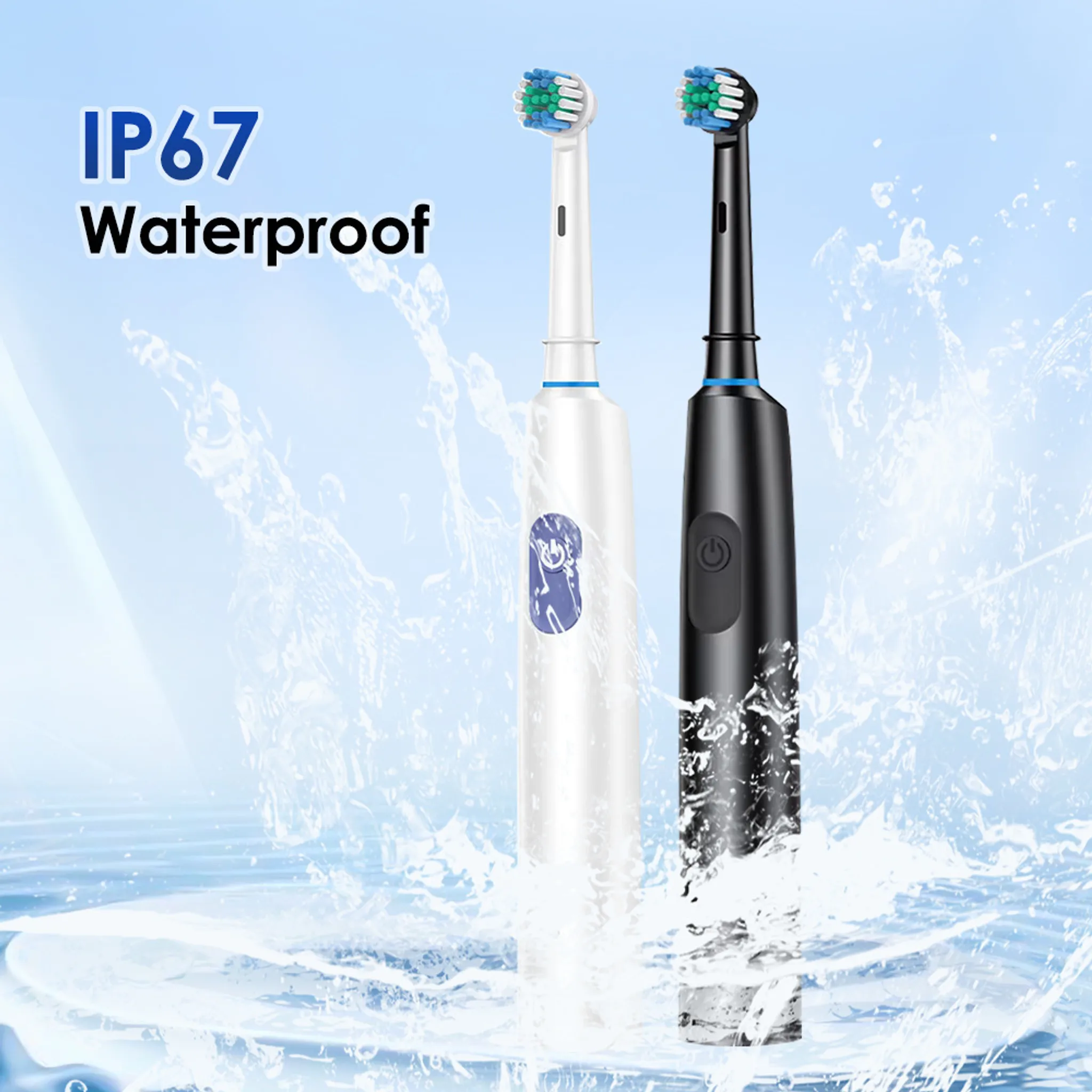 Zwei elektrische Zahnbürsten, weiß und schwarz, mit Wasserspritzern. Text: IP67 Wasserdicht. Blauer Hintergrund.