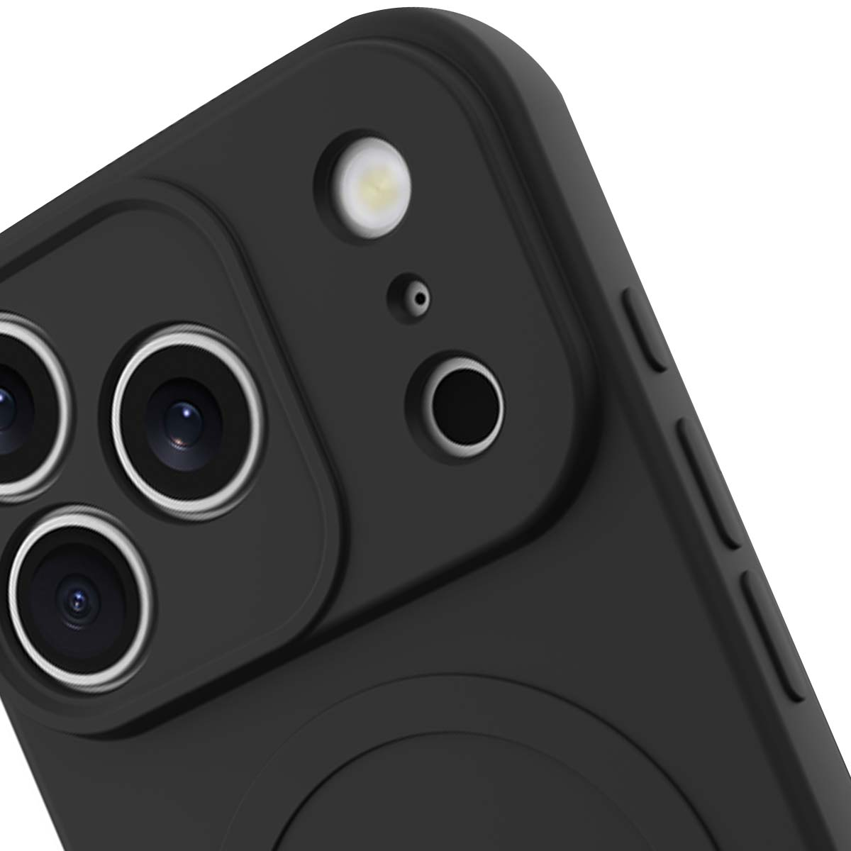 Primo piano di una custodia nera per telefono. Sono visibili obiettivi della fotocamera, un flash e pulsanti laterali. La custodia appare opaca.