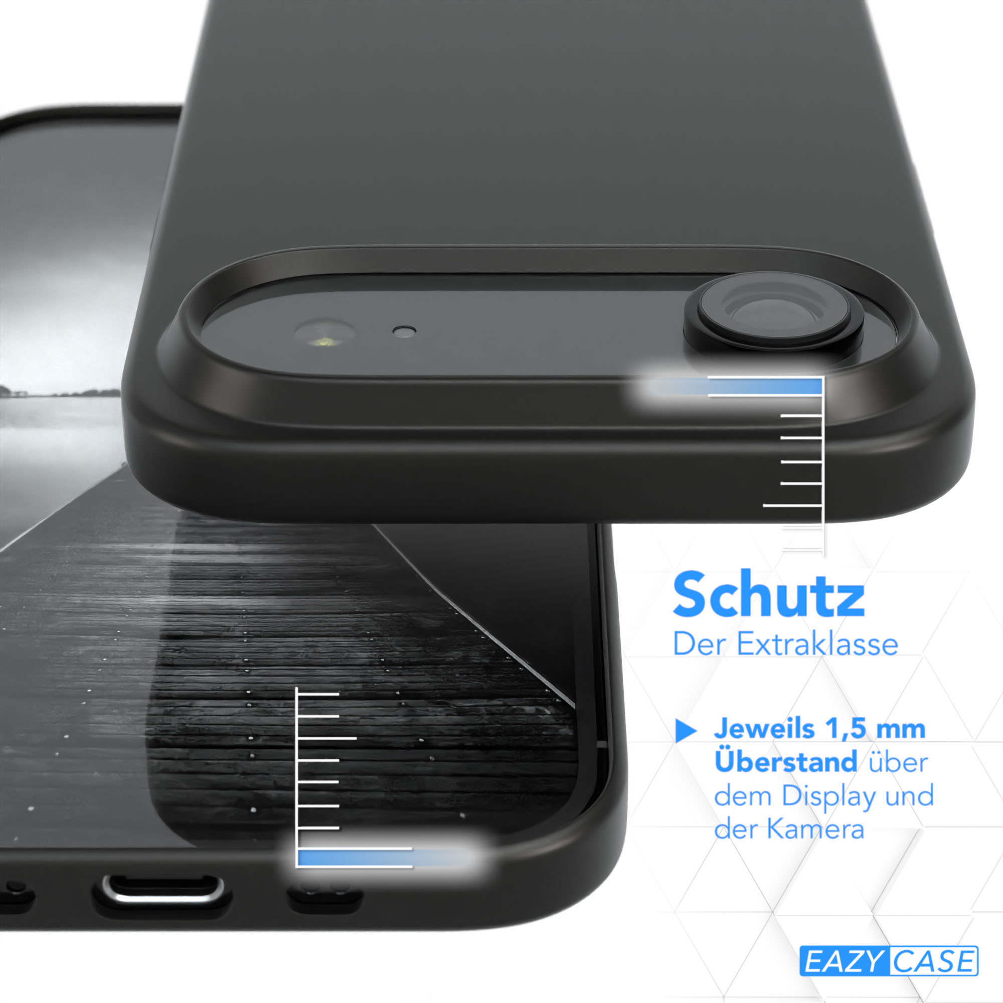 Nahaufnahme einer schwarzen Handyhülle. Text hebt den Display- und Kameraschutz mit 1,5 mm Überstand hervor.