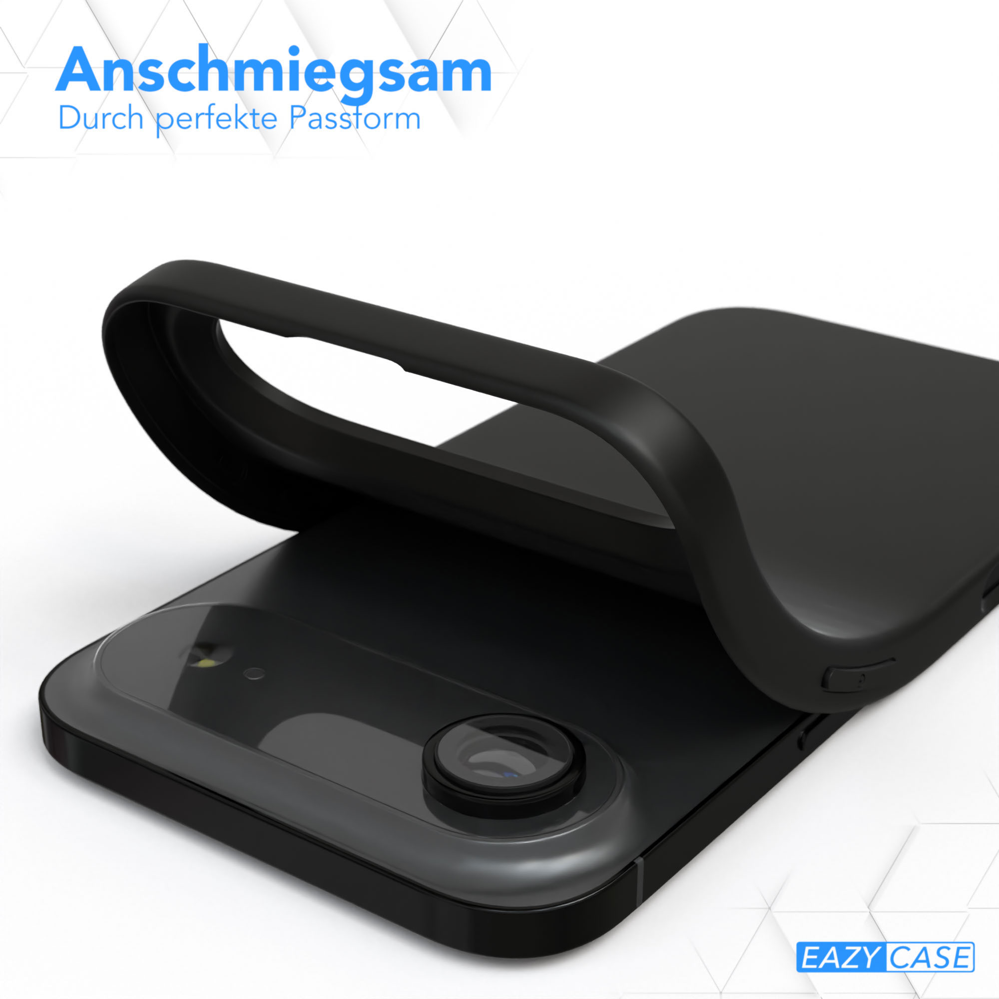 Schwarze Handyhülle über einem Telefon. Die Hülle ist gebogen. Weißer Hintergrund mit blauem Text.