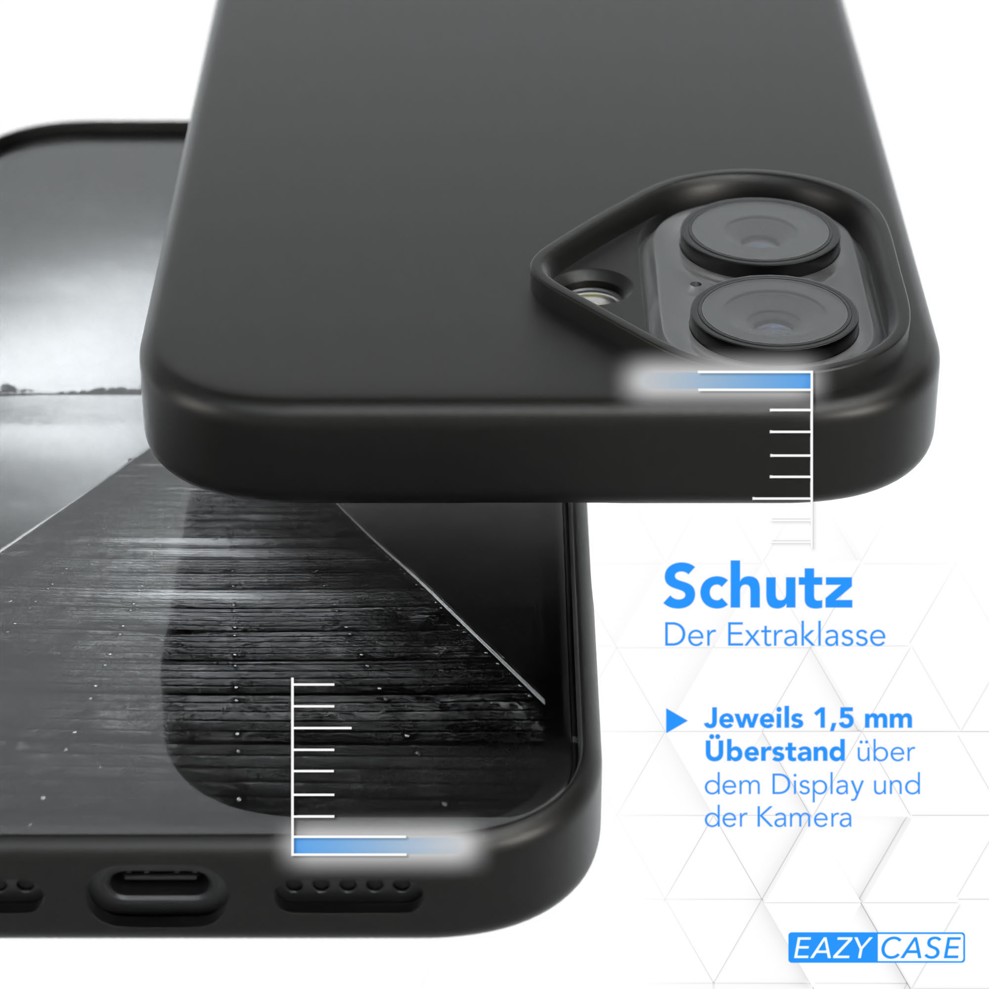 Schwarze Handyhülle mit Kameraausschnitten, überlagert von einem Schwarz-Weiß-Bild eines Holzstegs. Text vorhanden.