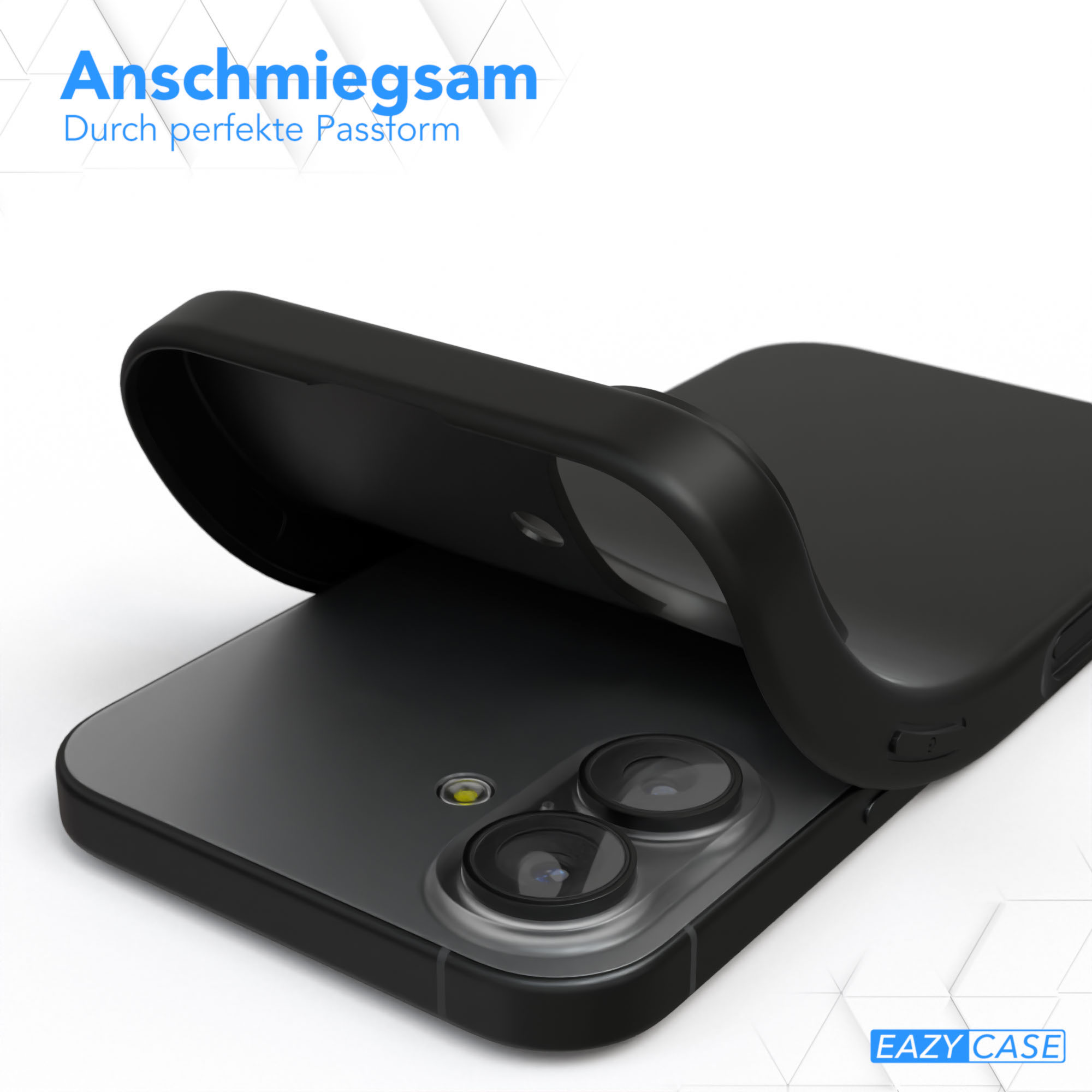 Schwarze Handyhülle wird auf ein Handy gelegt. Die Hülle ist offen und gibt die Rückseite des Telefons frei.