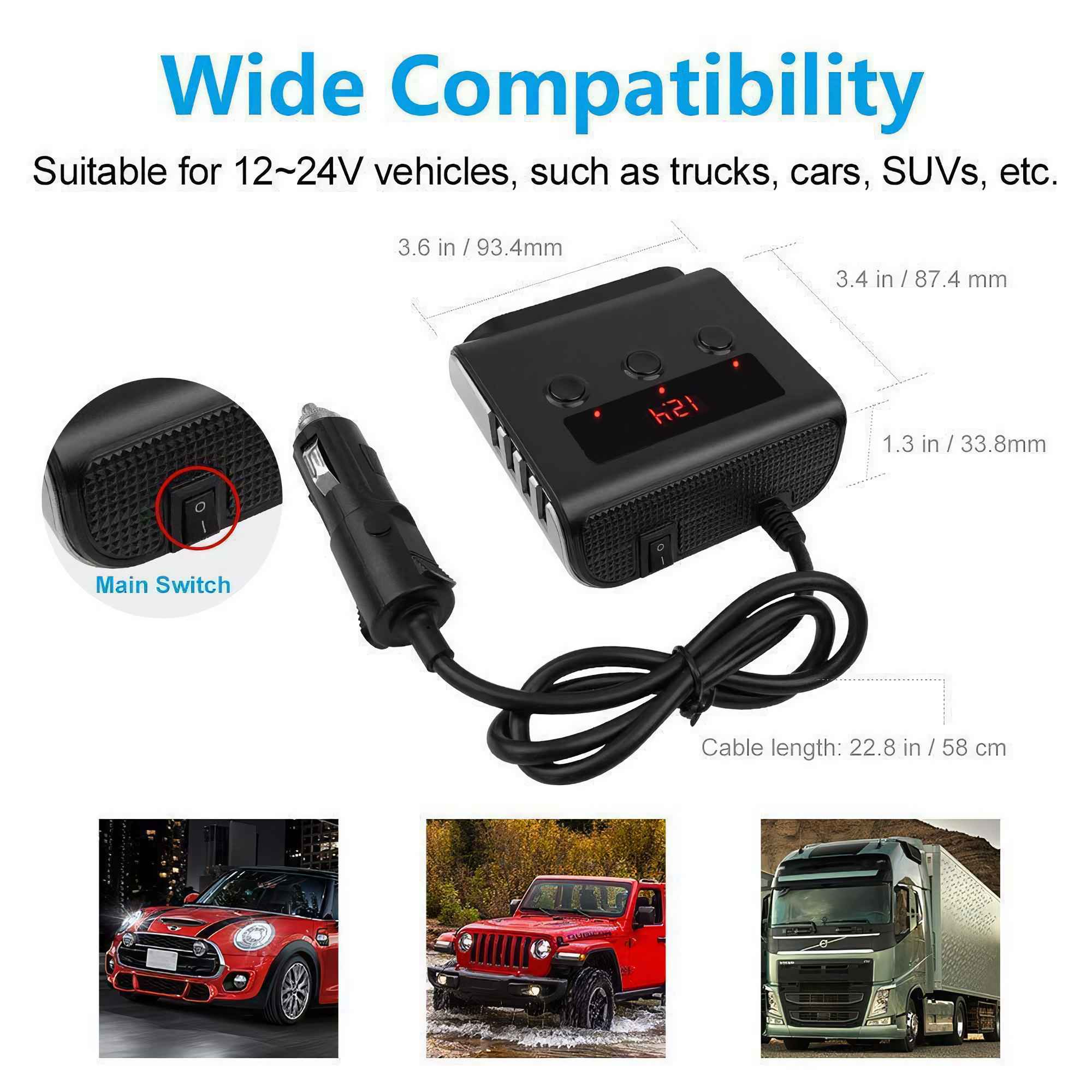 Produktbild mit schwarzem Gerät, Netzteil und Autos. Text: Breite Kompatibilität, geeignet für 12-24V Fahrzeuge.