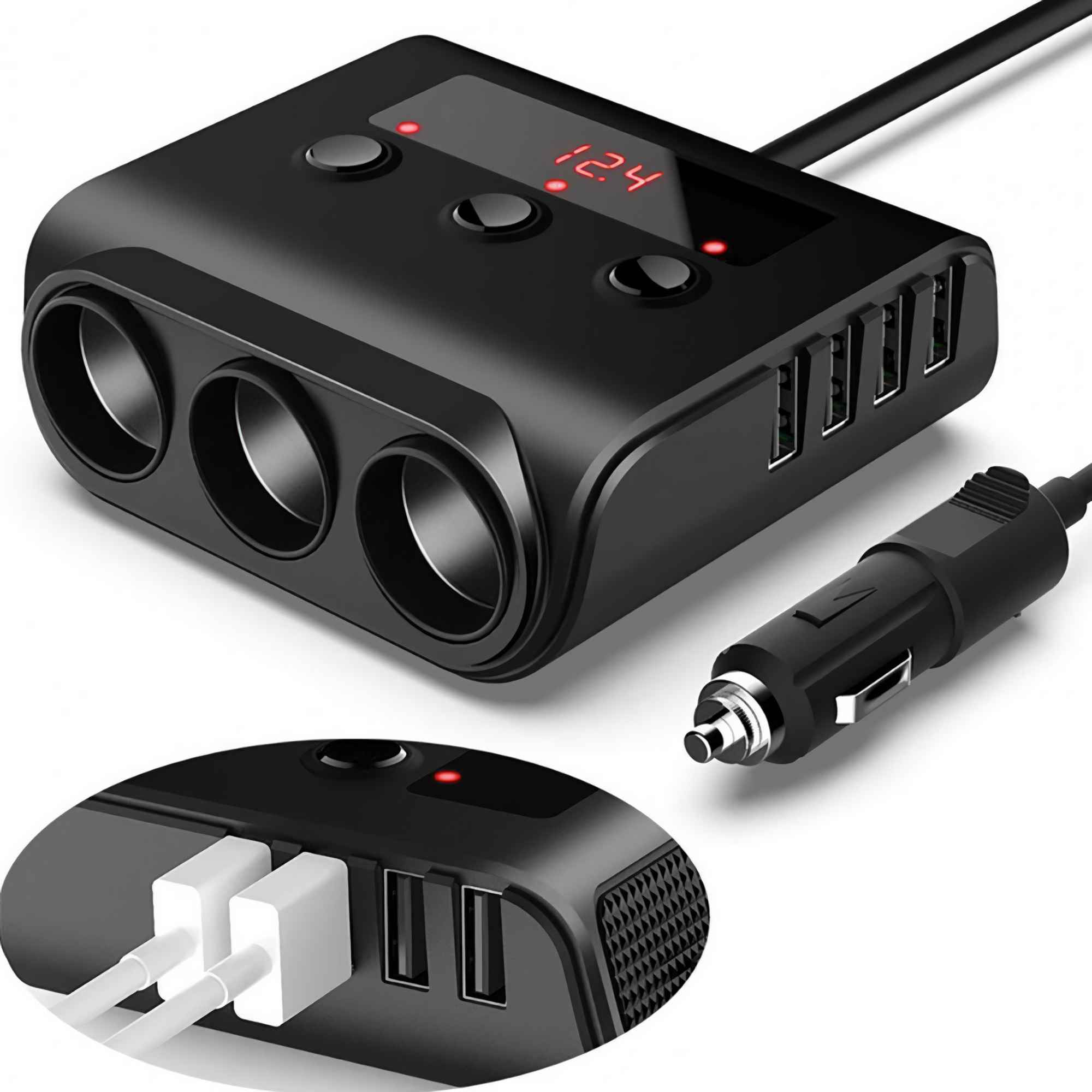 Schwarzes Autoladegerät mit mehreren USB-Anschlüssen, Zigarettenanzünderbuchsen und einer Digitalanzeige.