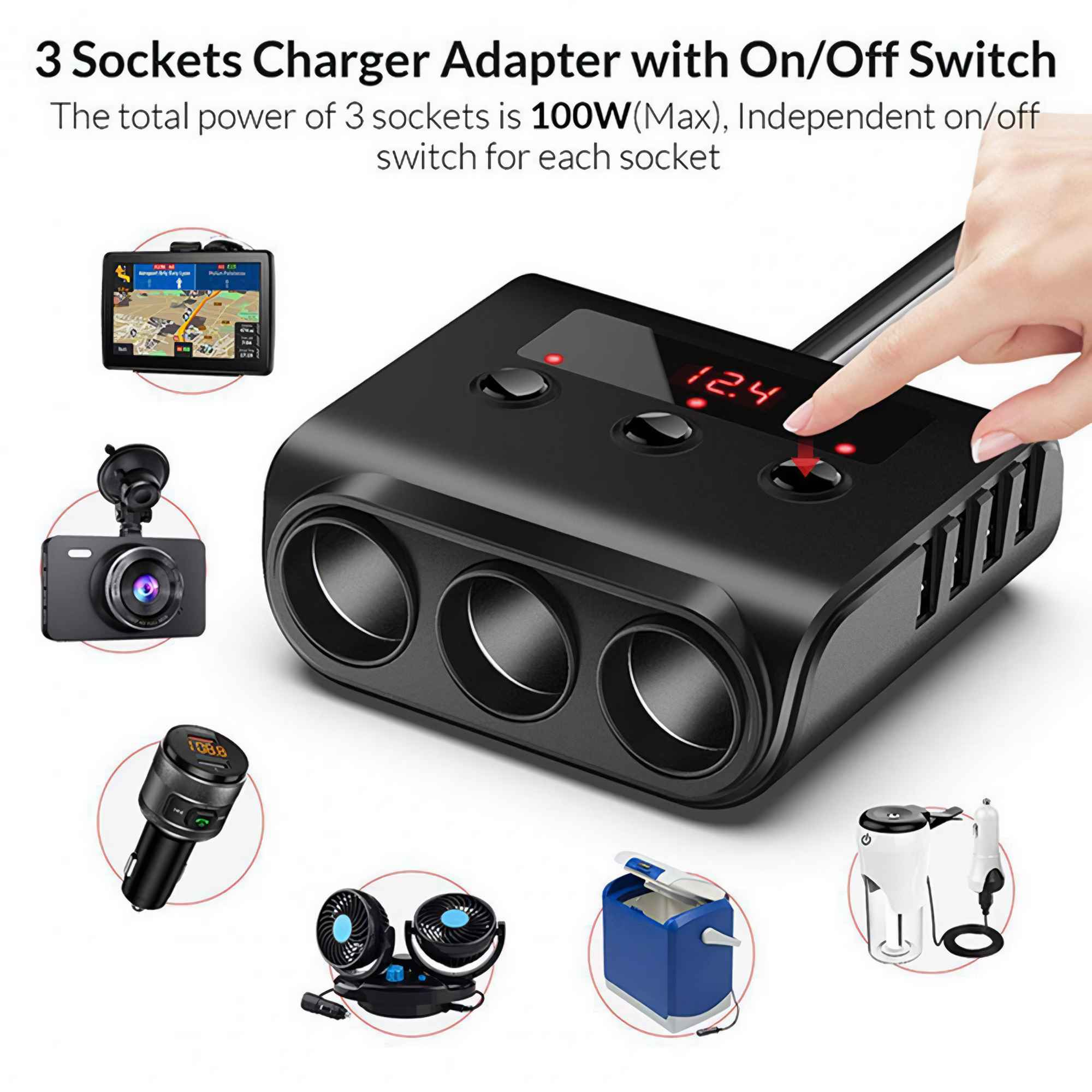 Schwarzer 3-fach-Adapter mit Ein/Aus-Schalter. Mit Digitalanzeige und Zubehör. Hand berührt eine Taste.