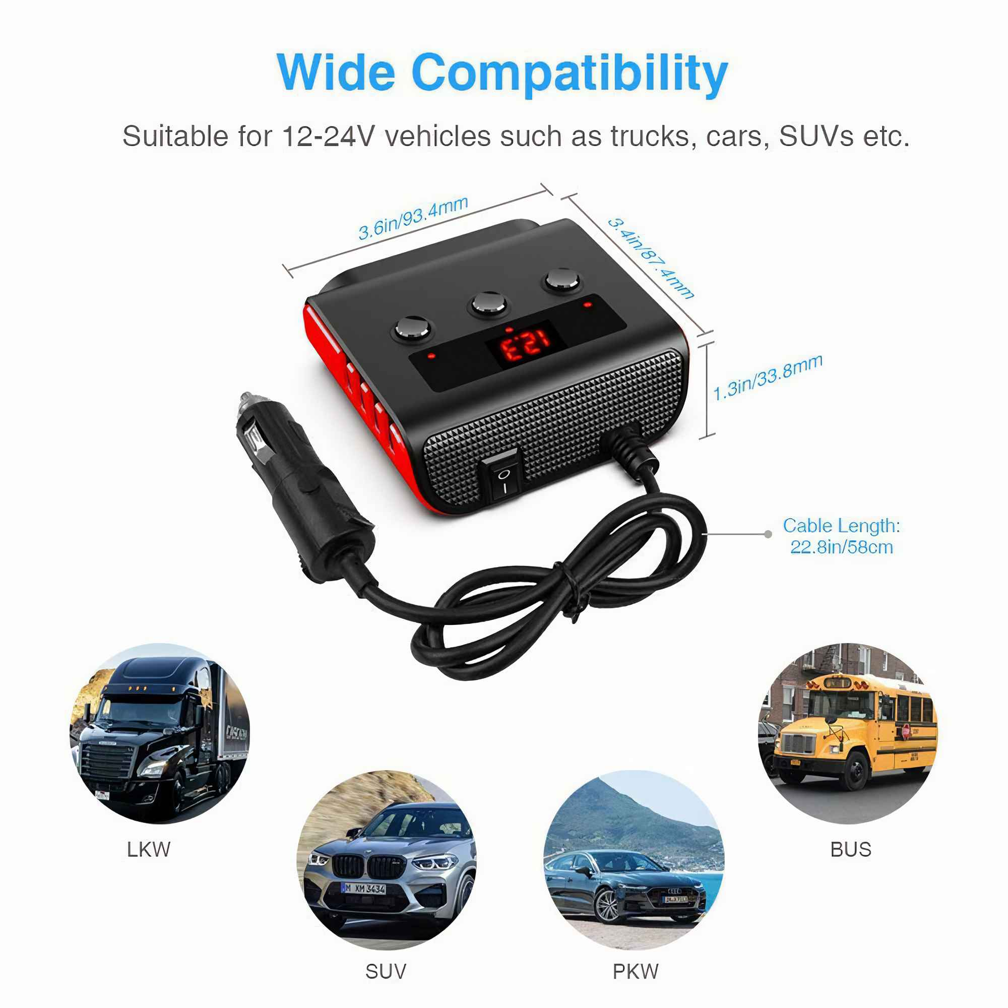Schwarzer Auto-Adapter mit roten Akzenten, Kabel und Display. Text: Breite Kompatibilität. Fahrzeugsymbole.