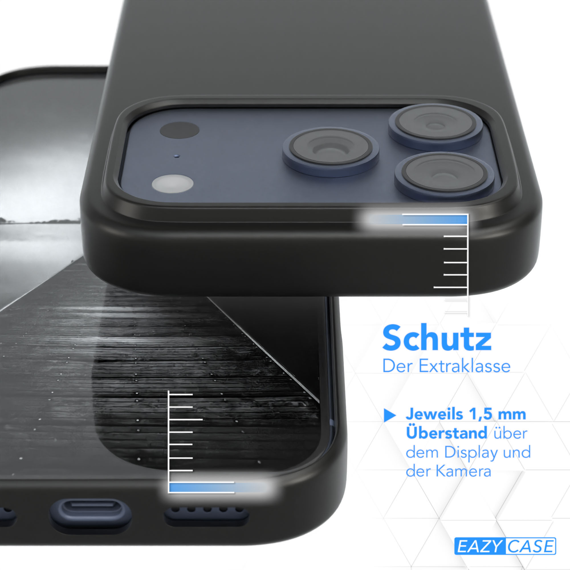 Eine schwarze Handyhülle mit Kameraausschnitt wird gezeigt. Der Text weist auf 1,5 mm Bildschirm- und Kameraschutz hin. Der Hintergrund ist ein SW-Bild.