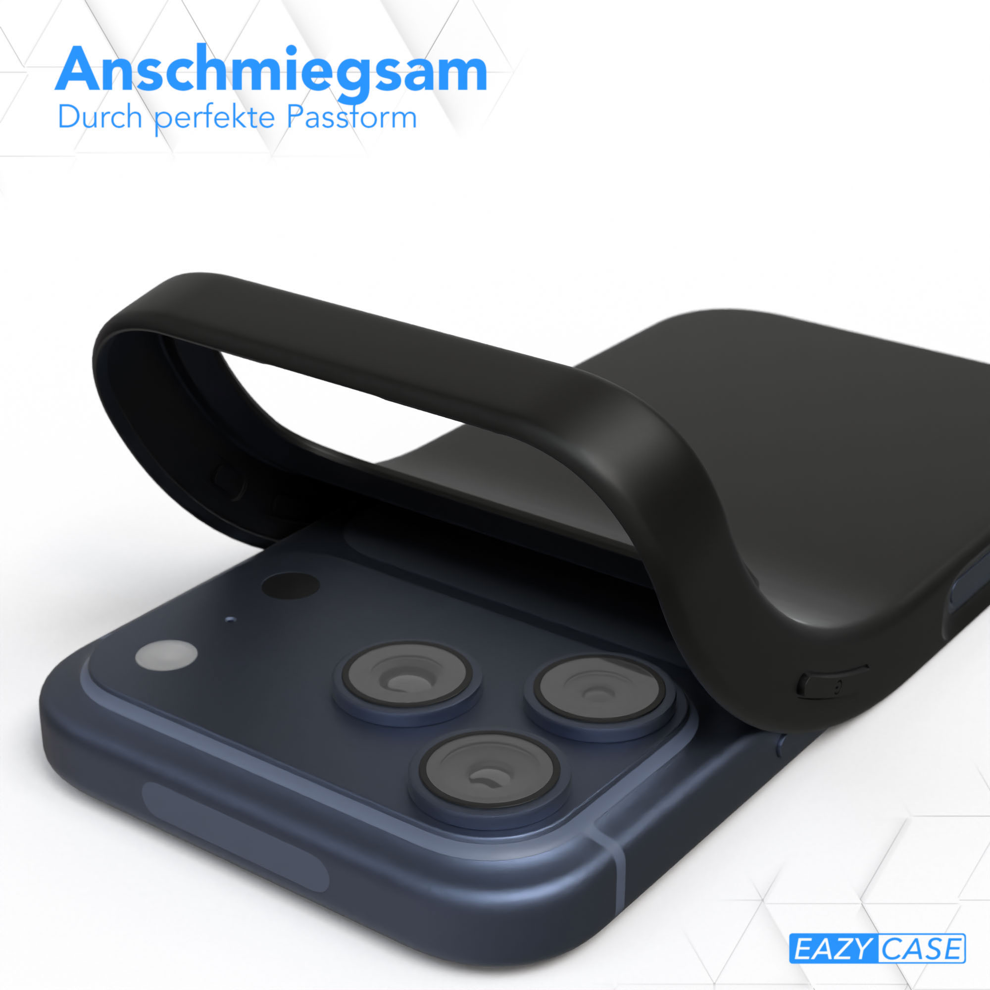 Ein Telefon in einer schwarzen Hülle. Blaues Telefon mit drei Kameras, schwarze Hülle löst sich ab. Weißer Hintergrund.