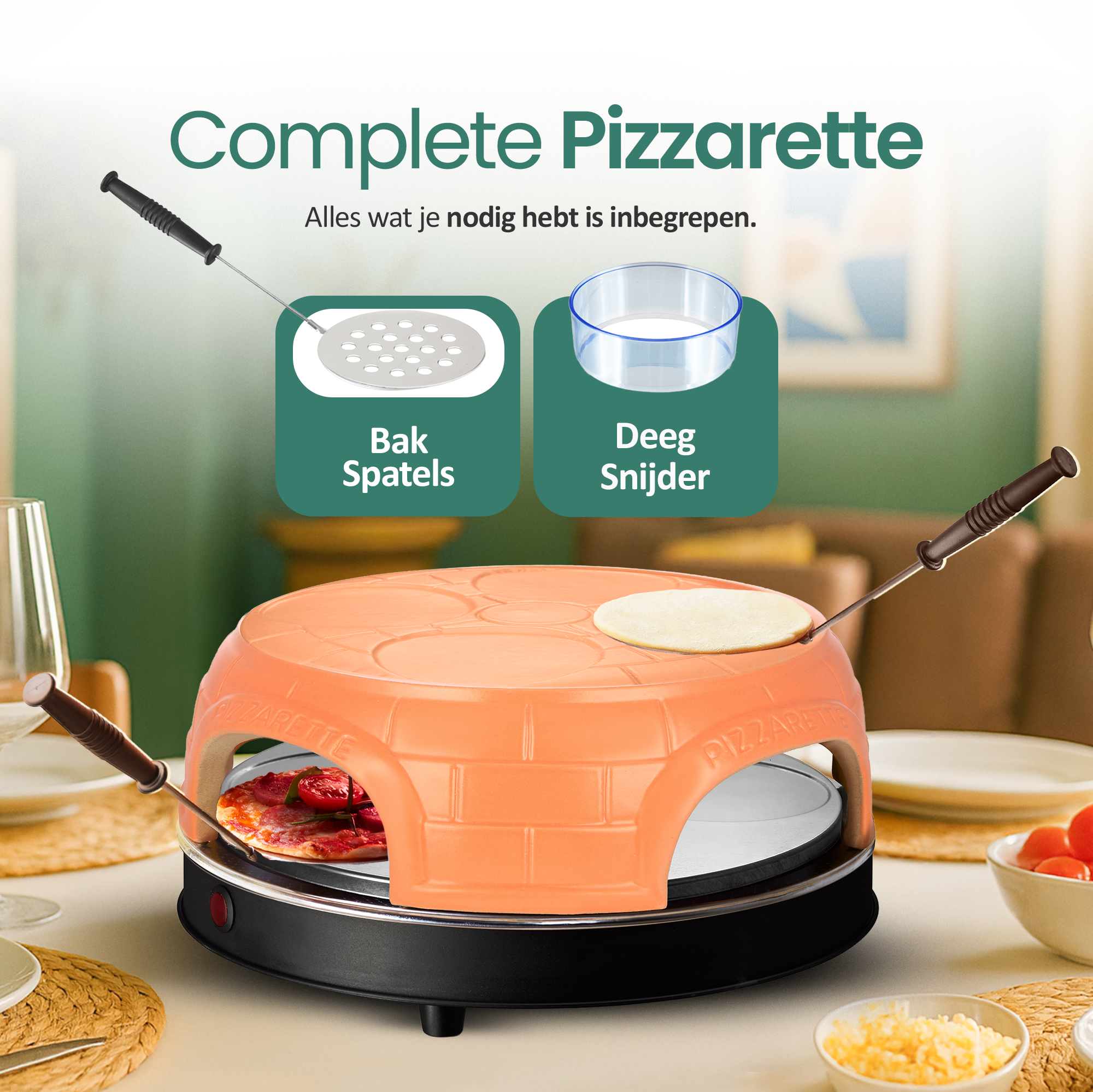 Pizza oven with pizza inside and dough on top. Includes spatulas and dough cutter. Table setting with tomatoes and cheese.