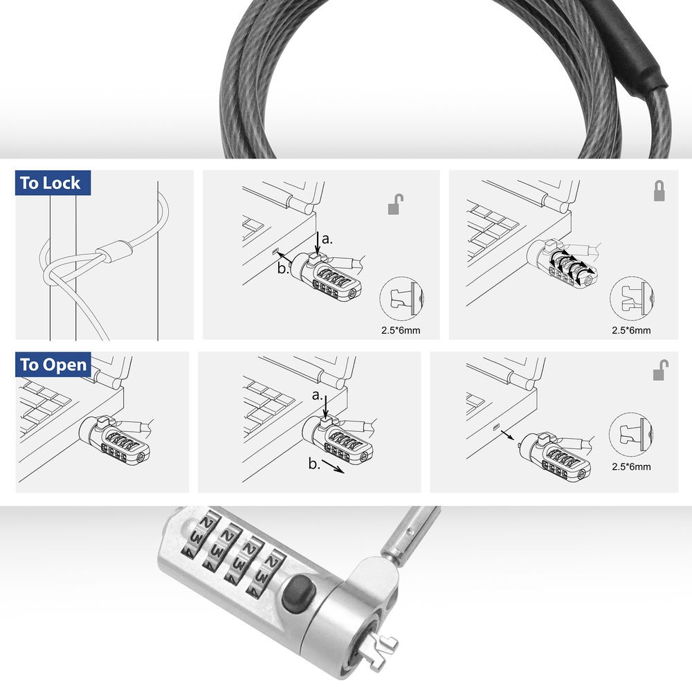 Diagramm zeigt, wie man ein Zahlenschloss mit einem Kabel ver- und entriegelt. Enthält Nahaufnahmen und Anweisungen für jeden Schritt.