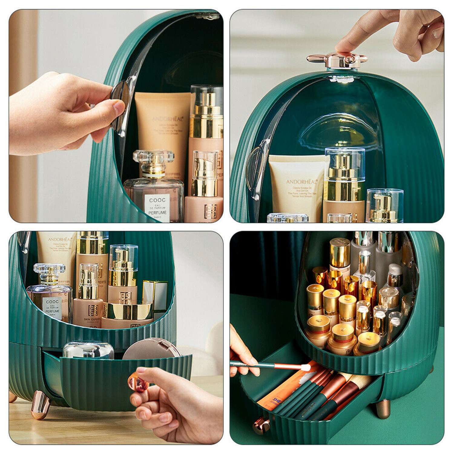 Ein tealfarbener Make-up-Organizer mit offenen Fächern. Im Inneren befinden sich Flaschen, Lotionen und Make-up-Pinsel. Hände interagieren mit dem Organizer.