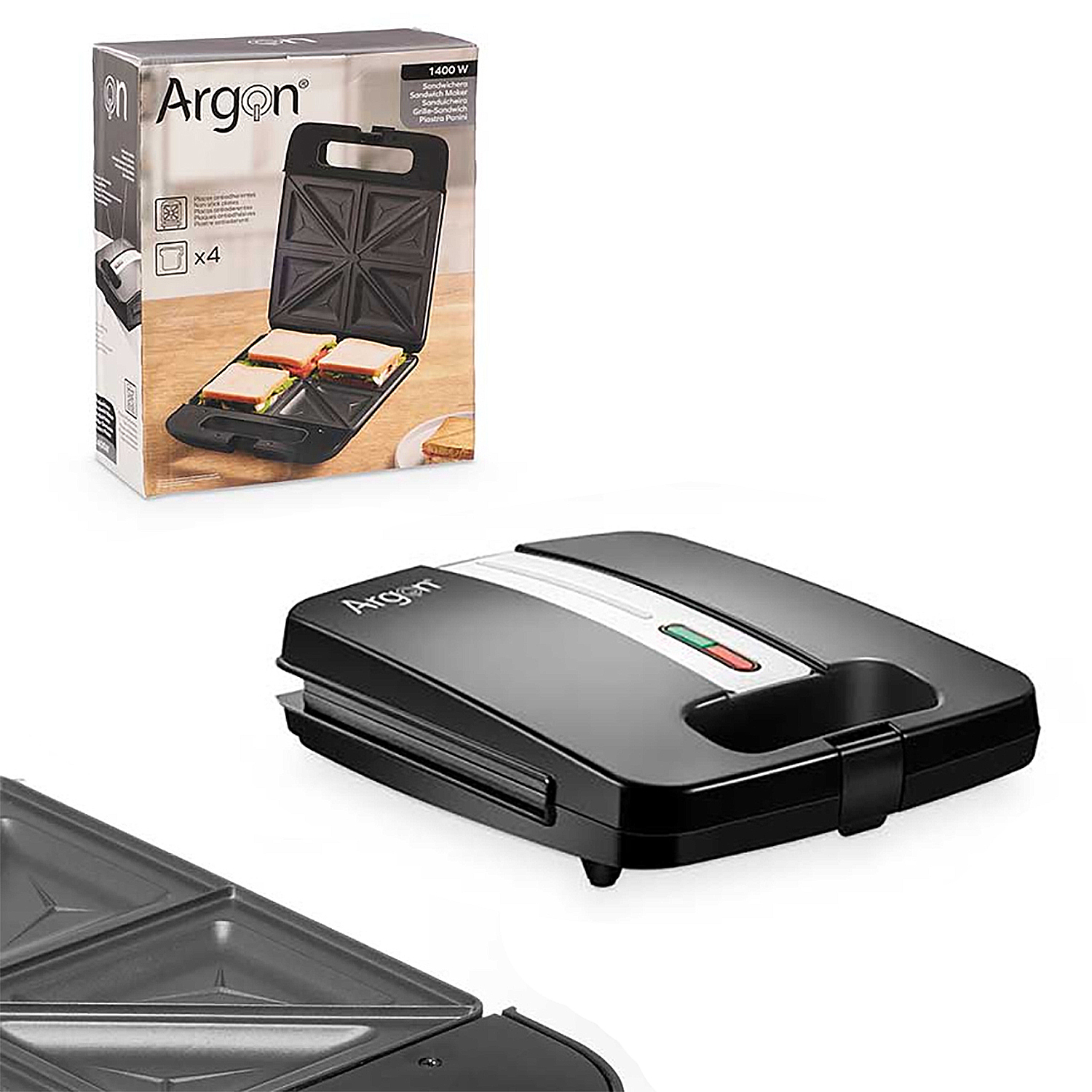 Ein schwarzer Argon-Sandwichmaker mit weißem Streifen und eine Schachtel mit einem Sandwichmaker mit Sandwiches.