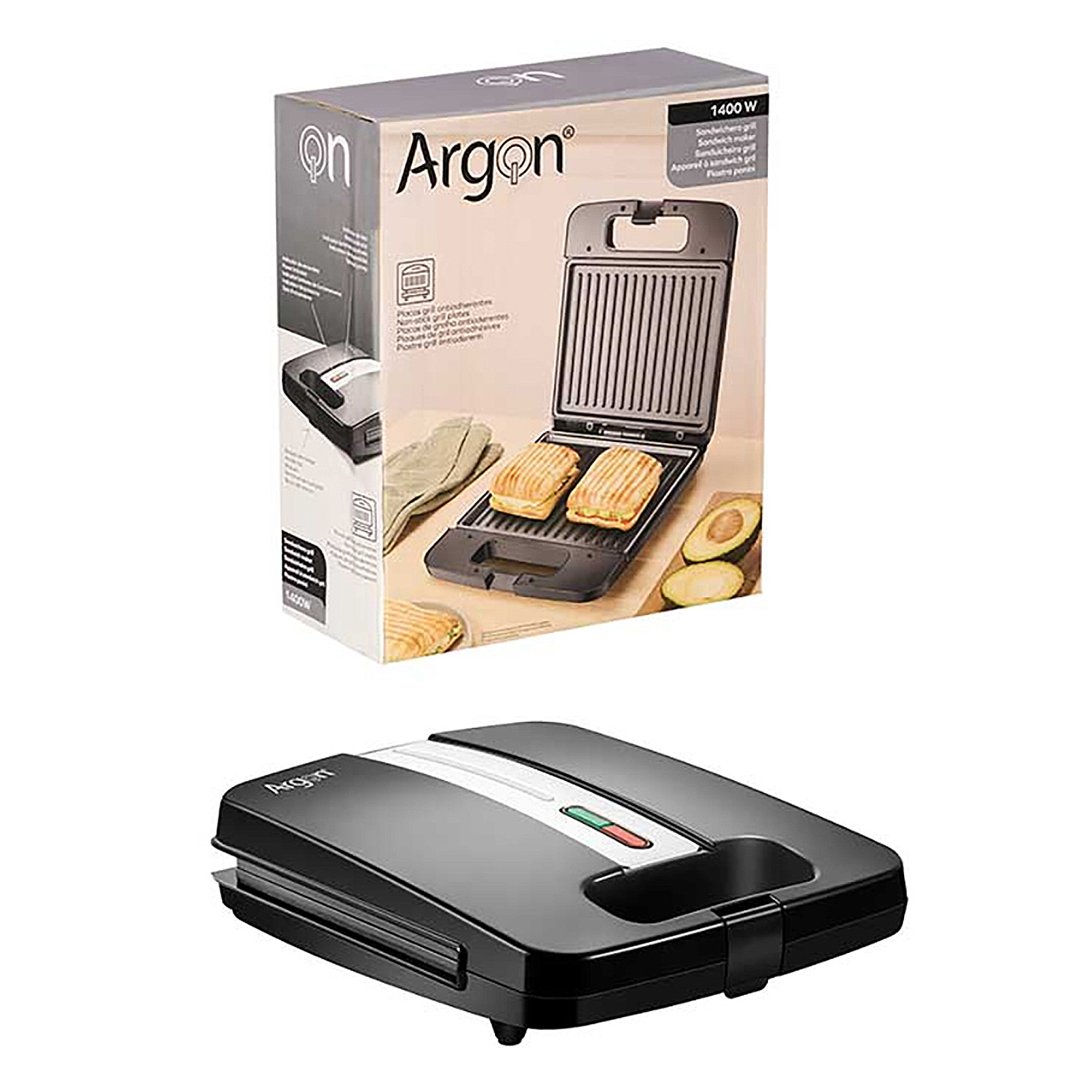 Una sandwichera y su caja. La caja muestra una parrilla para sándwiches, sándwiches y aguacate. La máquina es negra con rayas blancas y el logotipo de Argon.