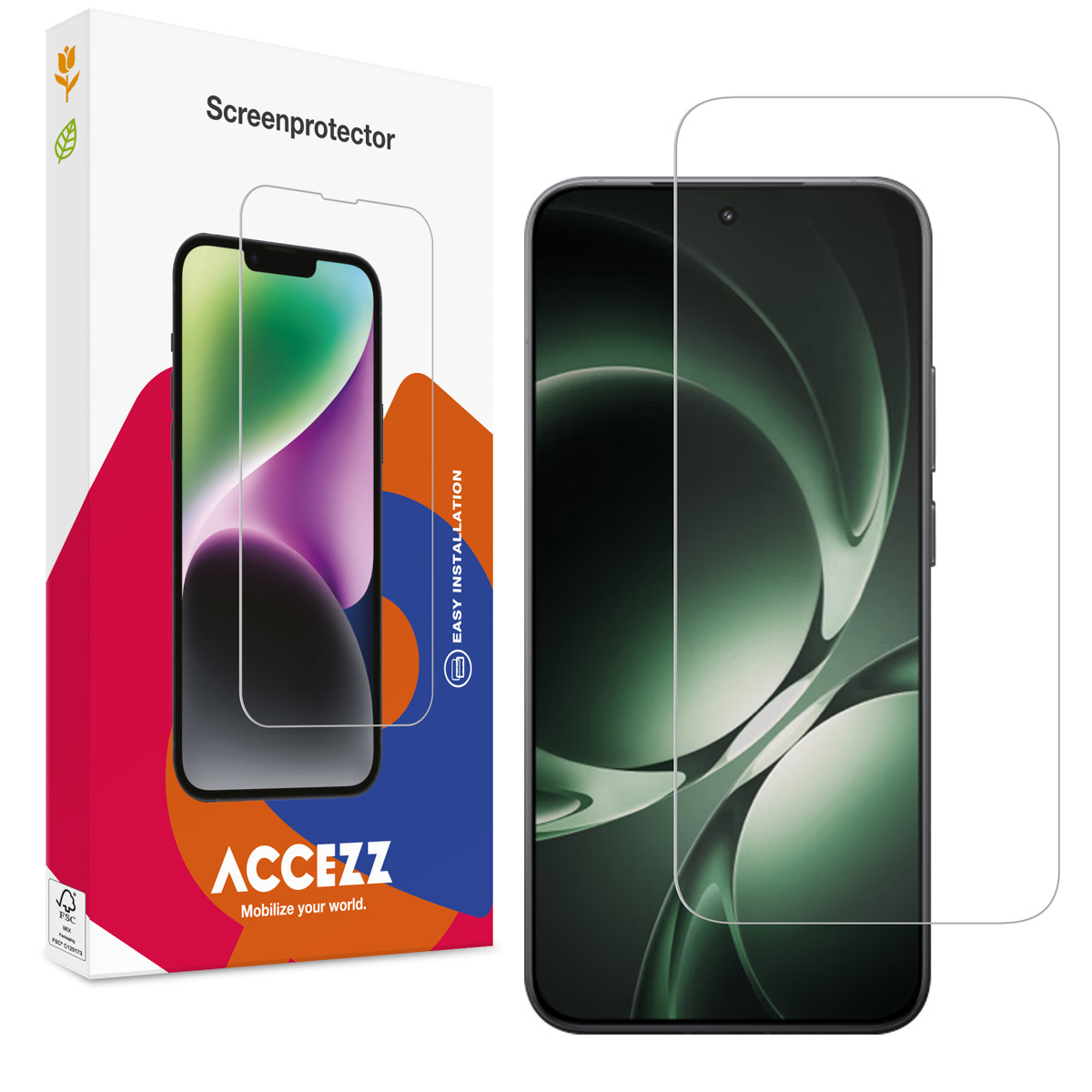 Un téléphone et un protecteur d'écran sont affichés. Le protecteur est devant le téléphone et la boîte à gauche.