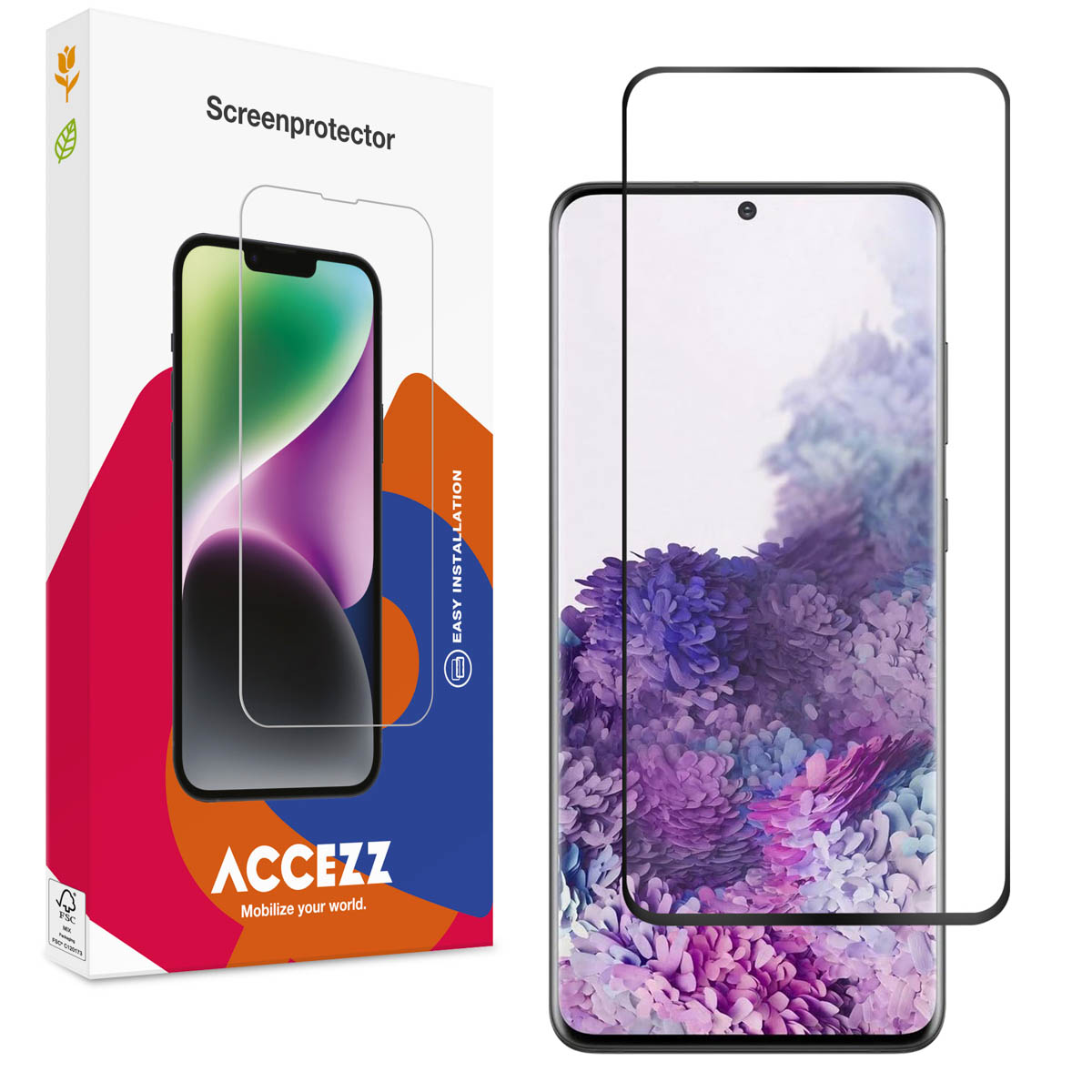 Une boîte de protection d'écran pour téléphone et un téléphone avec un protecteur d'écran. La boîte indique 'Screenprotector' et 'ACCEZZ'.