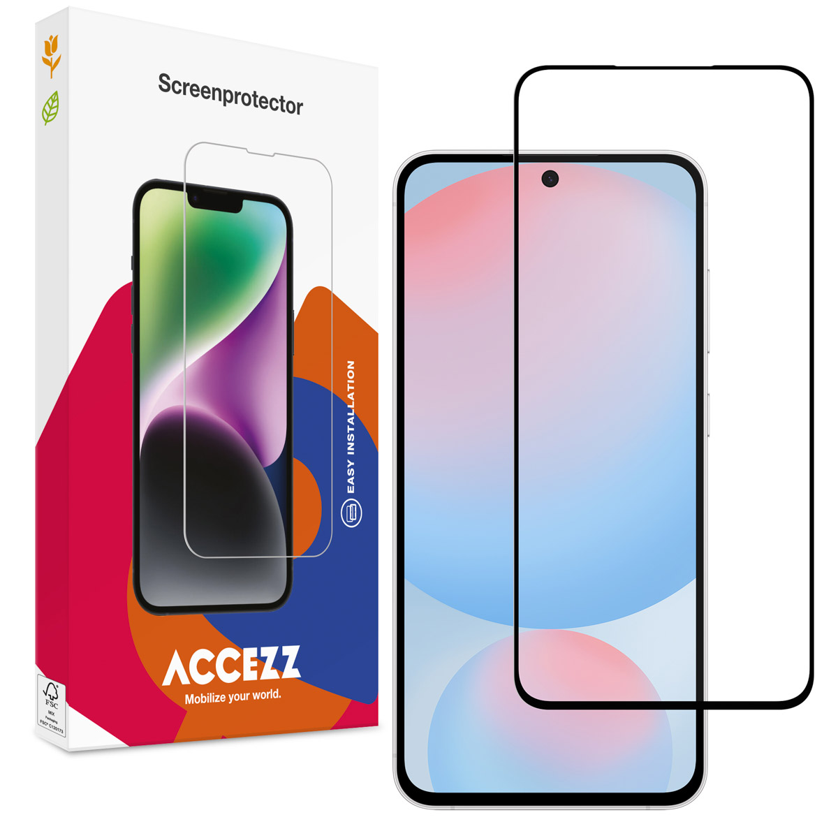 Een telefoon en een schermbeschermer worden weergegeven. De telefoon staat vooraan en de beschermer staat ernaast. Een doos staat links.