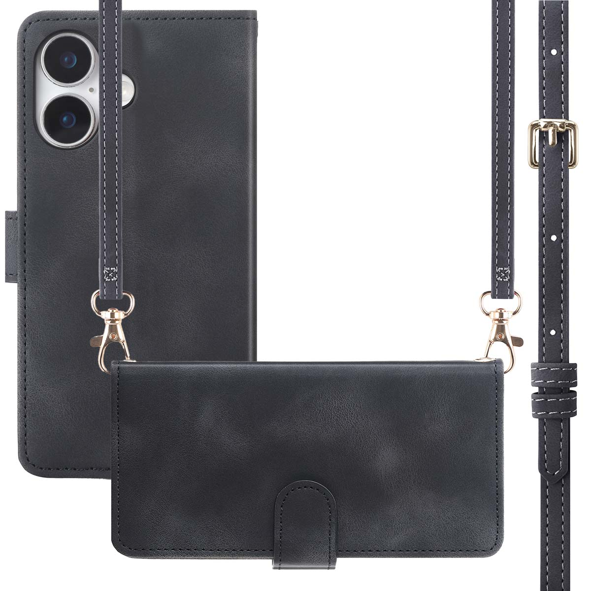 Een zwarte telefoonhoes met een riem. De hoes heeft een voorklep, uitsparingen voor de camera en een gouden sluiting. De riem is ook zwart.