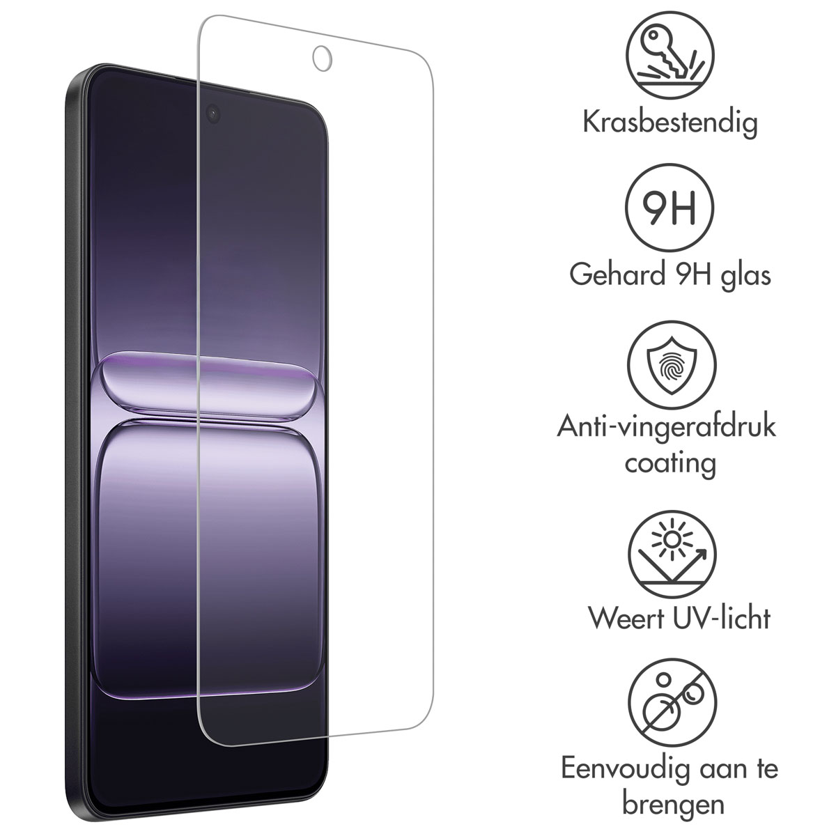 Un telefono con protezione schermo. Le icone indicano resistenza ai graffi, vetro 9H, rivestimento anti-impronte, protezione UV e facile applicazione.
