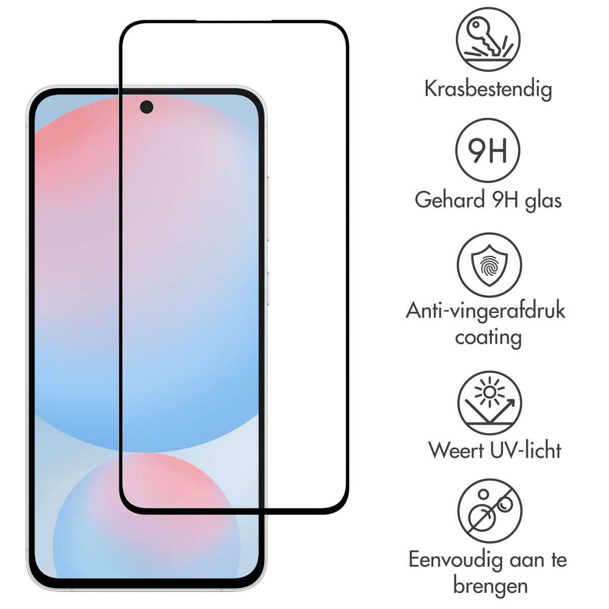 Een schermbeschermer en een telefoon, samen met pictogrammen die krasbestendigheid, 9H-glas, anti-vingerafdrukcoating, UV-bescherming en eenvoudige applicatie aangeven.