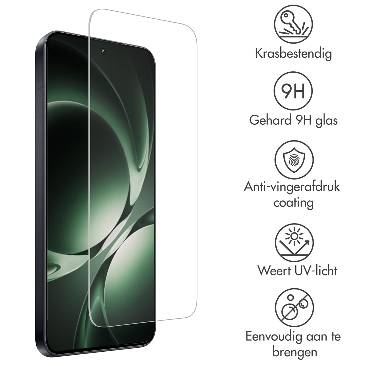 Un téléphone avec un protecteur d'écran. Les icônes décrivent des fonctionnalités telles que la résistance aux rayures, le verre 9H, l'anti-empreintes digitales, la protection UV et une application facile.