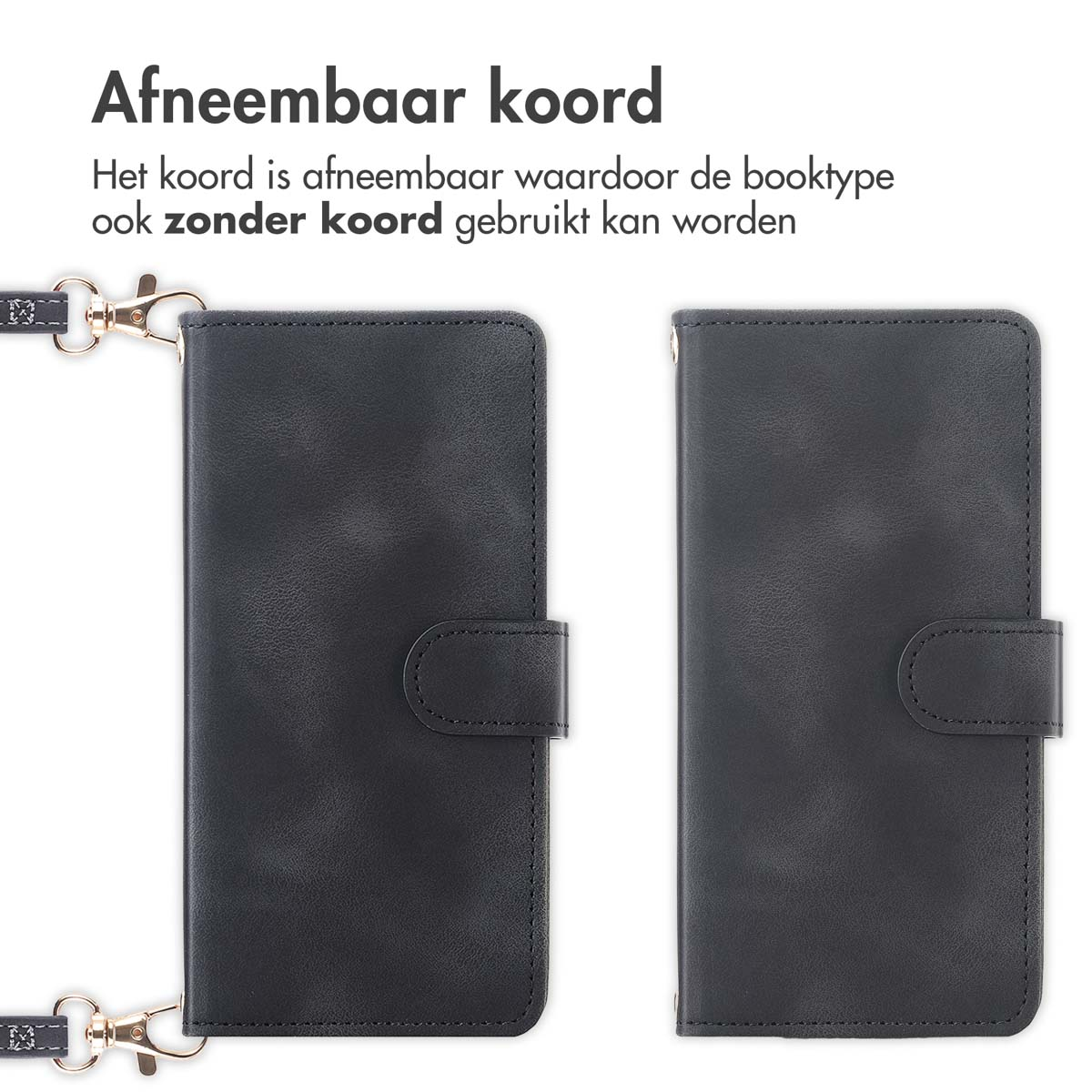 Afbeelding toont een zwarte telefoonhoes met een afneembaar koord. De hoes is rechts open en links gesloten. Tekst erboven beschrijft de functie.