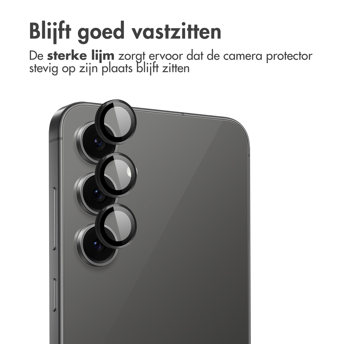 Un téléphone avec des protecteurs d'objectif de caméra. Le texte en haut dit 'Reste en place'. Les protecteurs sont à l'arrière du téléphone.