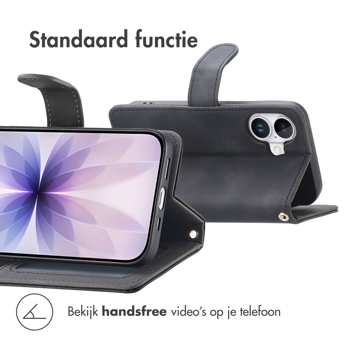 Een zwarte telefoonhoes met een telefoon erin. De hoes heeft een standfunctie. Het scherm toont een bloemachtig patroon.