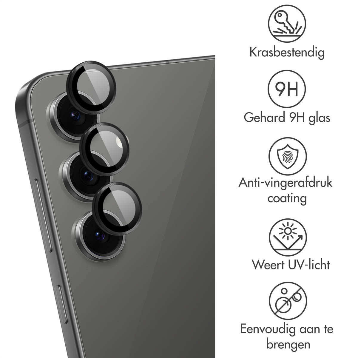 Un téléphone avec des protecteurs d'objectif de caméra. Le texte décrit les caractéristiques : résistant aux rayures, verre 9H, revêtement anti-traces de doigts, protection UV, facile à appliquer.