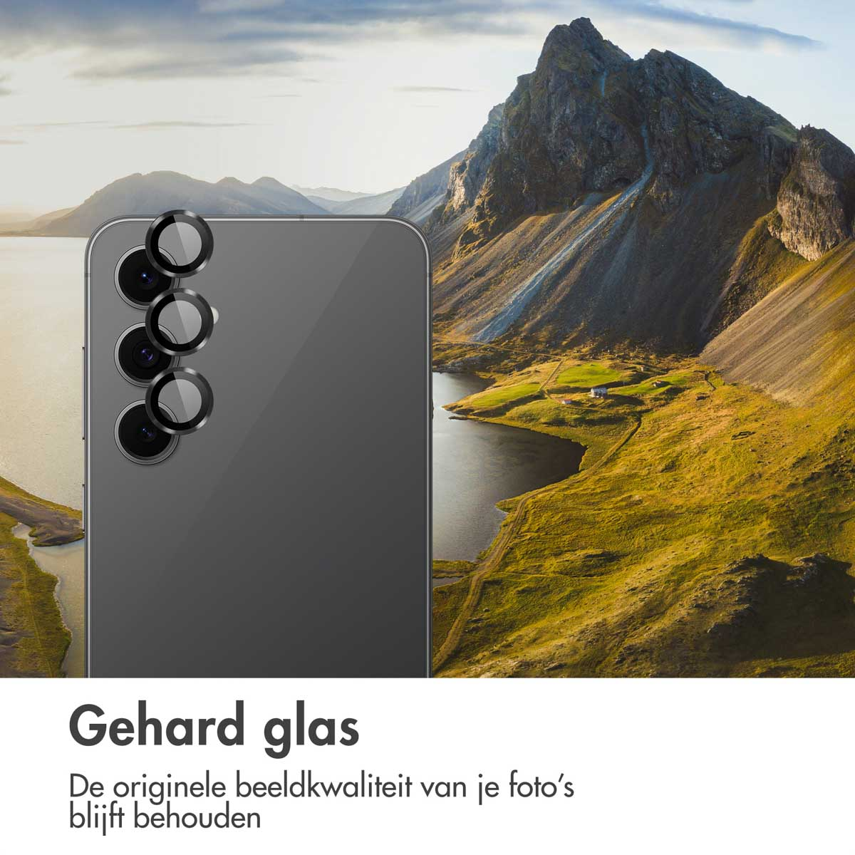 Un téléphone avec des protecteurs d'objectif. En arrière-plan, un paysage de montagne et un lac. Texte en bas : 'Verre dur'.