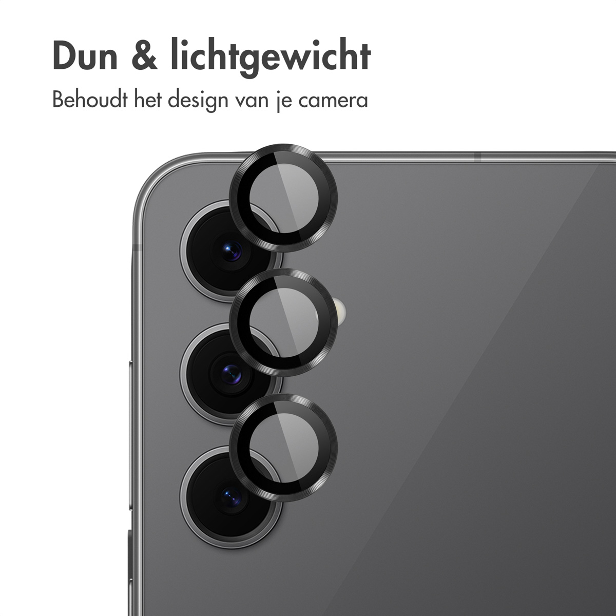Dos de téléphone avec 3 lentilles et 3 protections. Le texte dit 'Fin et léger' et 'Conserve le design de votre appareil photo'.