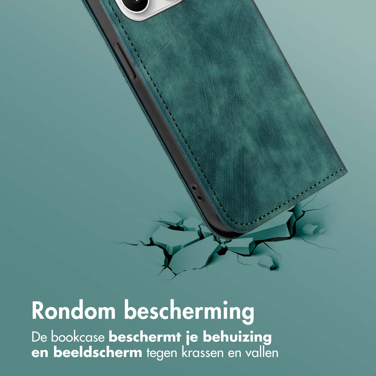 Een teal telefoonhoes bedekt gedeeltelijk een telefoon, waardoor het oppervlak eronder barst. Tekst luidt 'Rondom bescherming', bescherming.