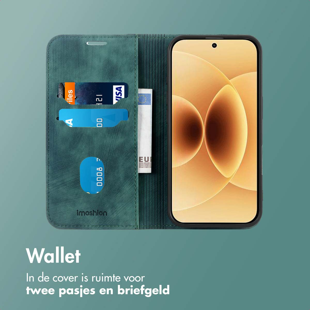 Een teal portemonnee bevat een telefoon, kaarten en geld. De telefoon toont een gouden ontwerp. De tekst 'Wallet' staat onderaan.