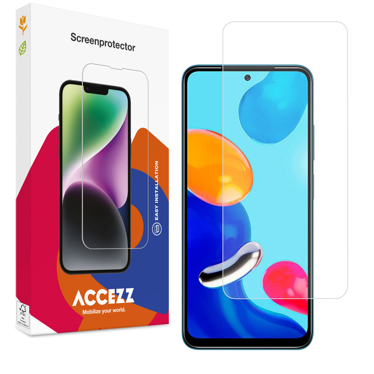 Een telefoon en een schermbeschermer worden getoond. De telefoon heeft een blauwe rand, het scherm toont abstracte kleurrijke vormen. De beschermer is helder.