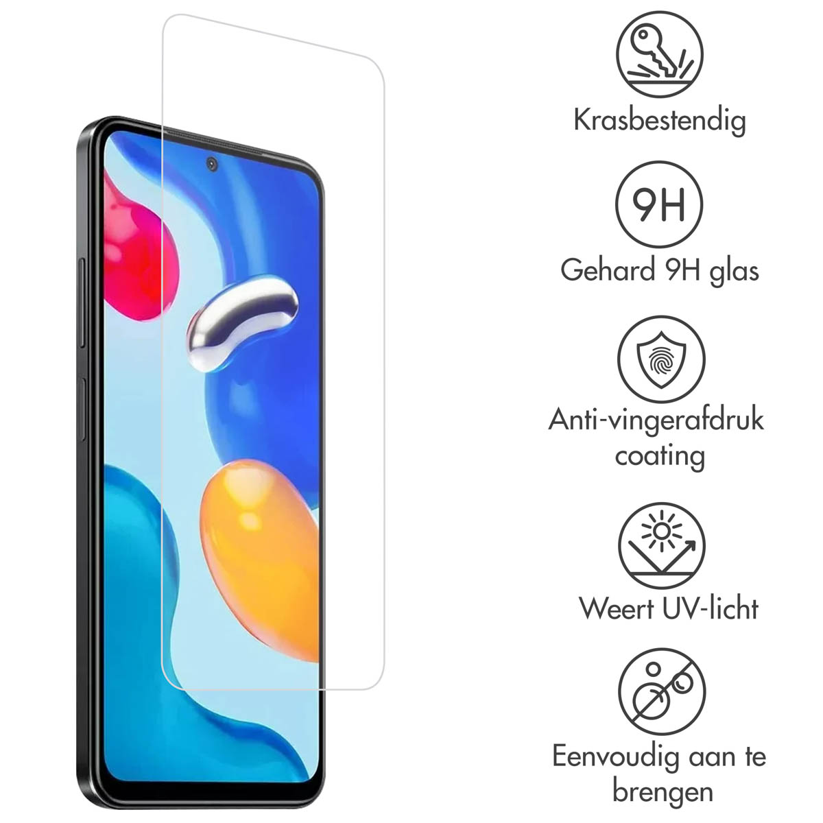 Een telefoon met schermbeschermer. Pictogrammen geven krasbestendigheid, 9H-glas, anti-vingerafdrukcoating, UV-bescherming en eenvoudige applicatie aan.