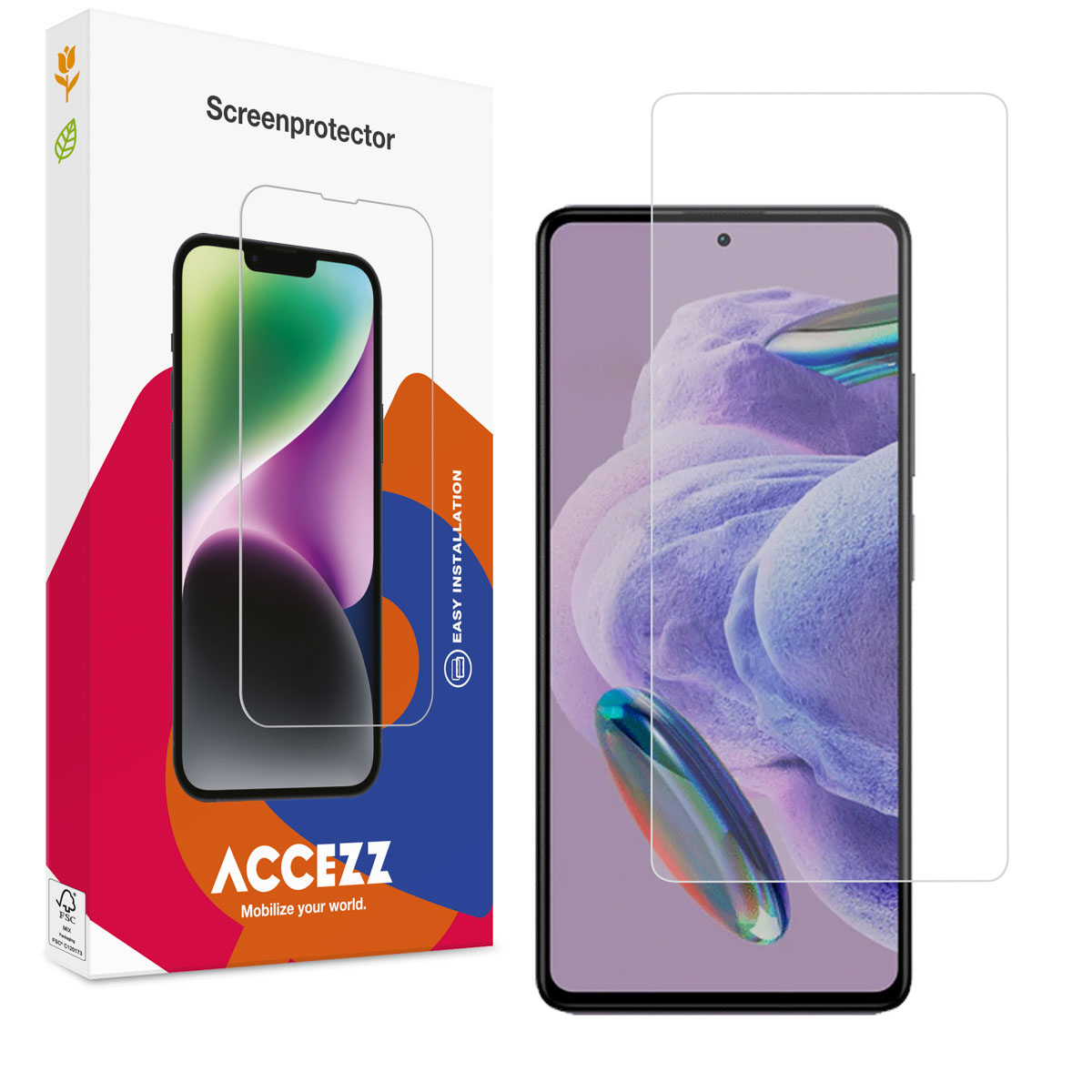 Un téléphone et un protecteur d'écran sont affichés. Le protecteur est transparent. L'écran du téléphone affiche un fond abstrait violet.