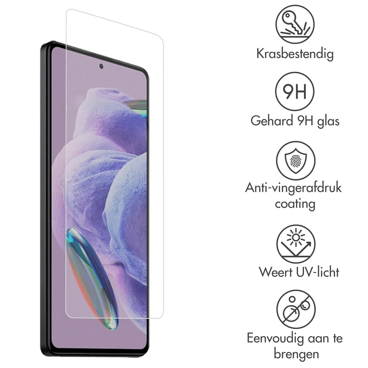 Un téléphone avec un protecteur d'écran. Icônes indiquant résistance aux rayures, verre 9H, anti-empreintes, protection UV et facile d'application.