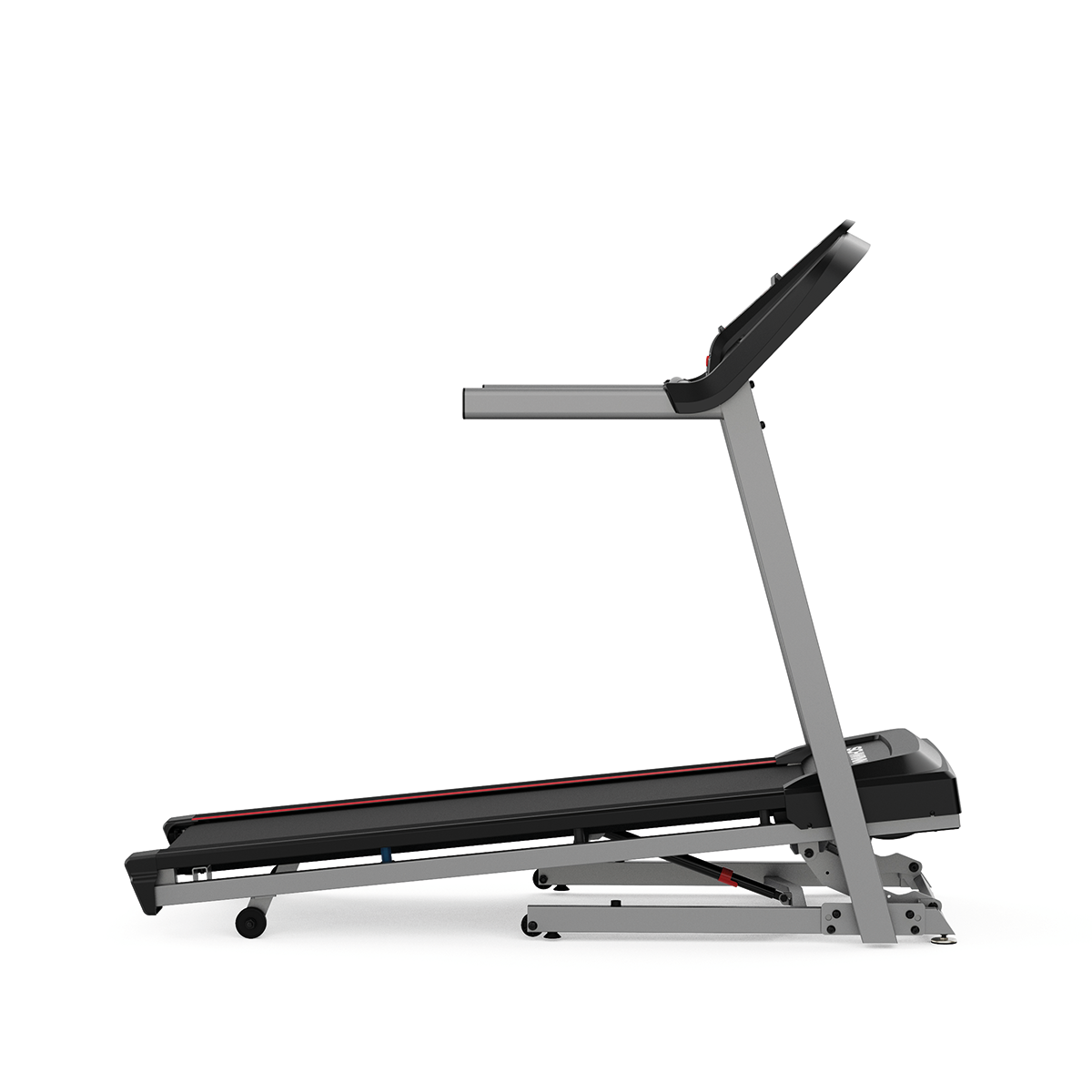 A treadmill is shown in profile. It has a black running surface, gray frame, and an angled console. The background is white.