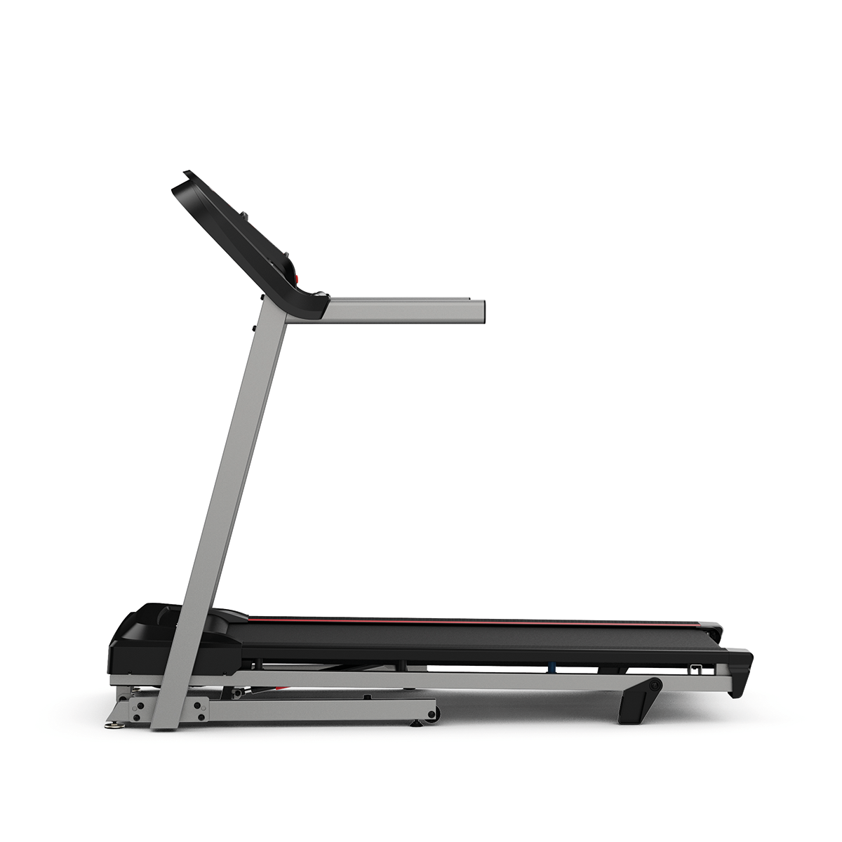 Side view of a treadmill. It has a black running surface, silver frame, and a black console with a display.