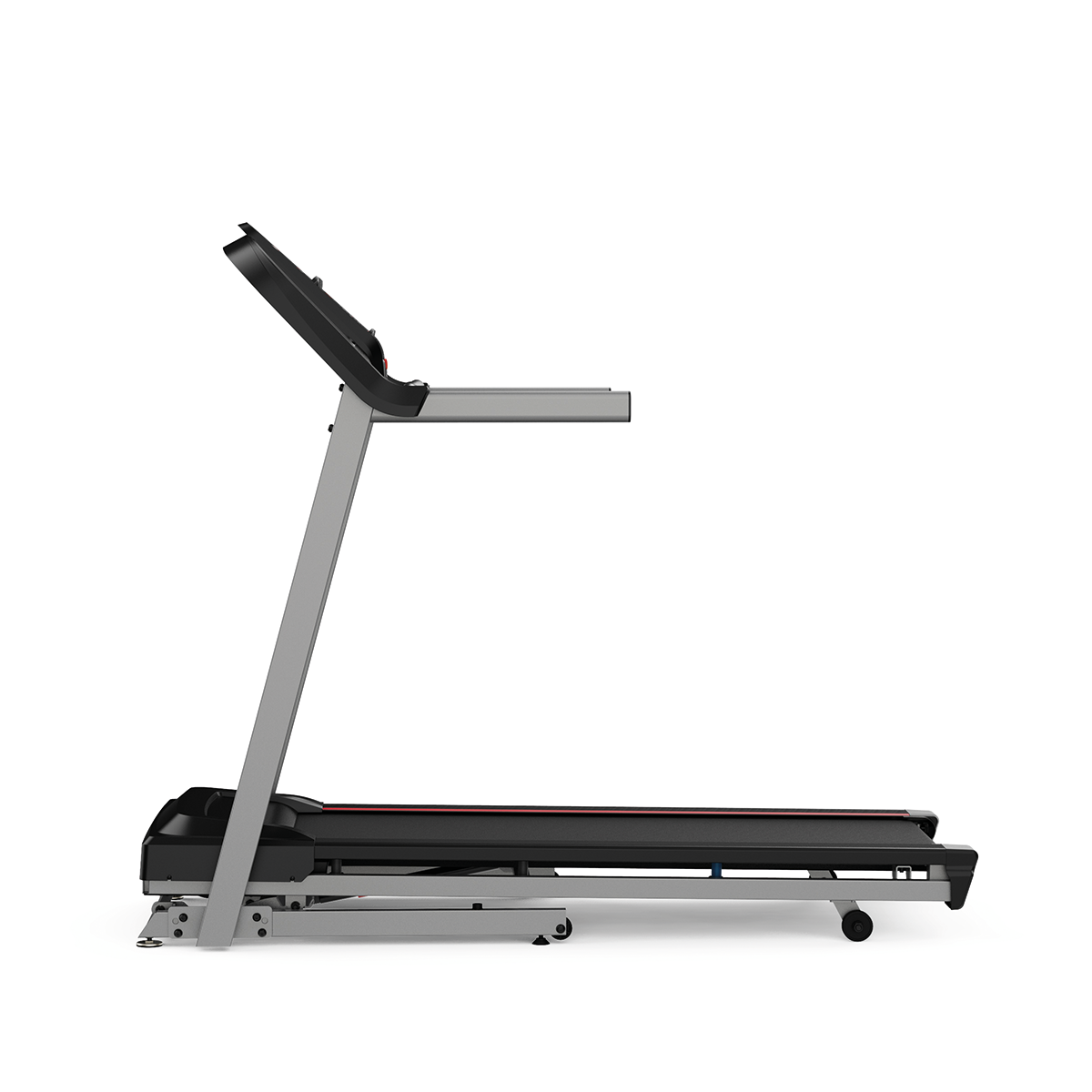 A treadmill is shown in profile. It has a black base and console, a gray frame, and a red stripe on the running surface.