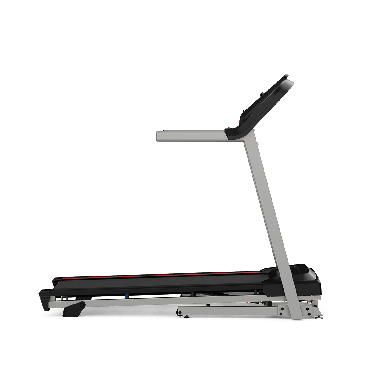 A treadmill on a white background. It has a black running surface, gray supports, and a black control panel.