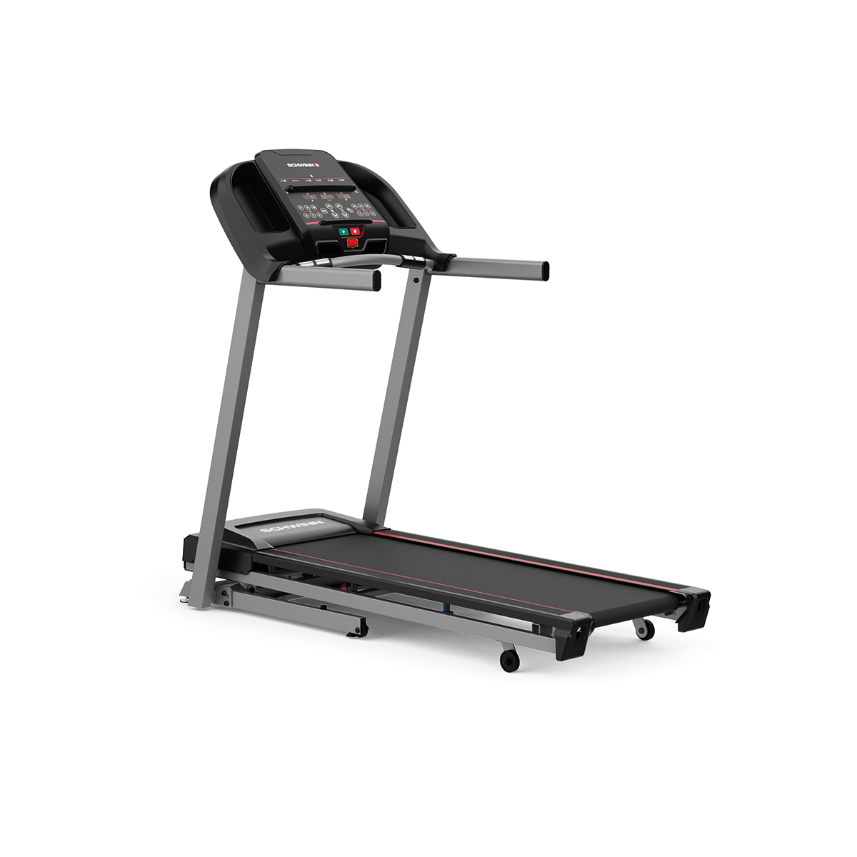 A Schwinn treadmill on a white background. It has a black running belt, gray frame, and a console with buttons.