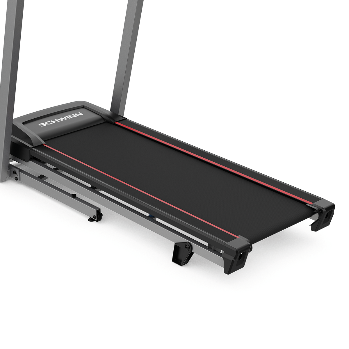 A Schwinn treadmill. It has a black running belt with red lines. The frame is gray. The background is white.