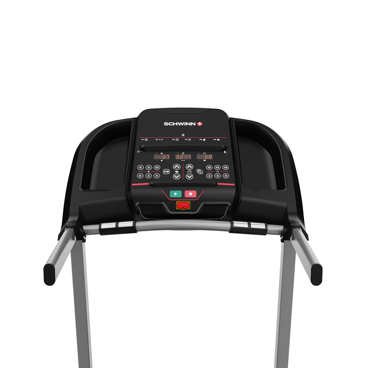 A Schwinn treadmill. Black console with red accents and digital displays. Silver support frame. Start and stop buttons are visible.